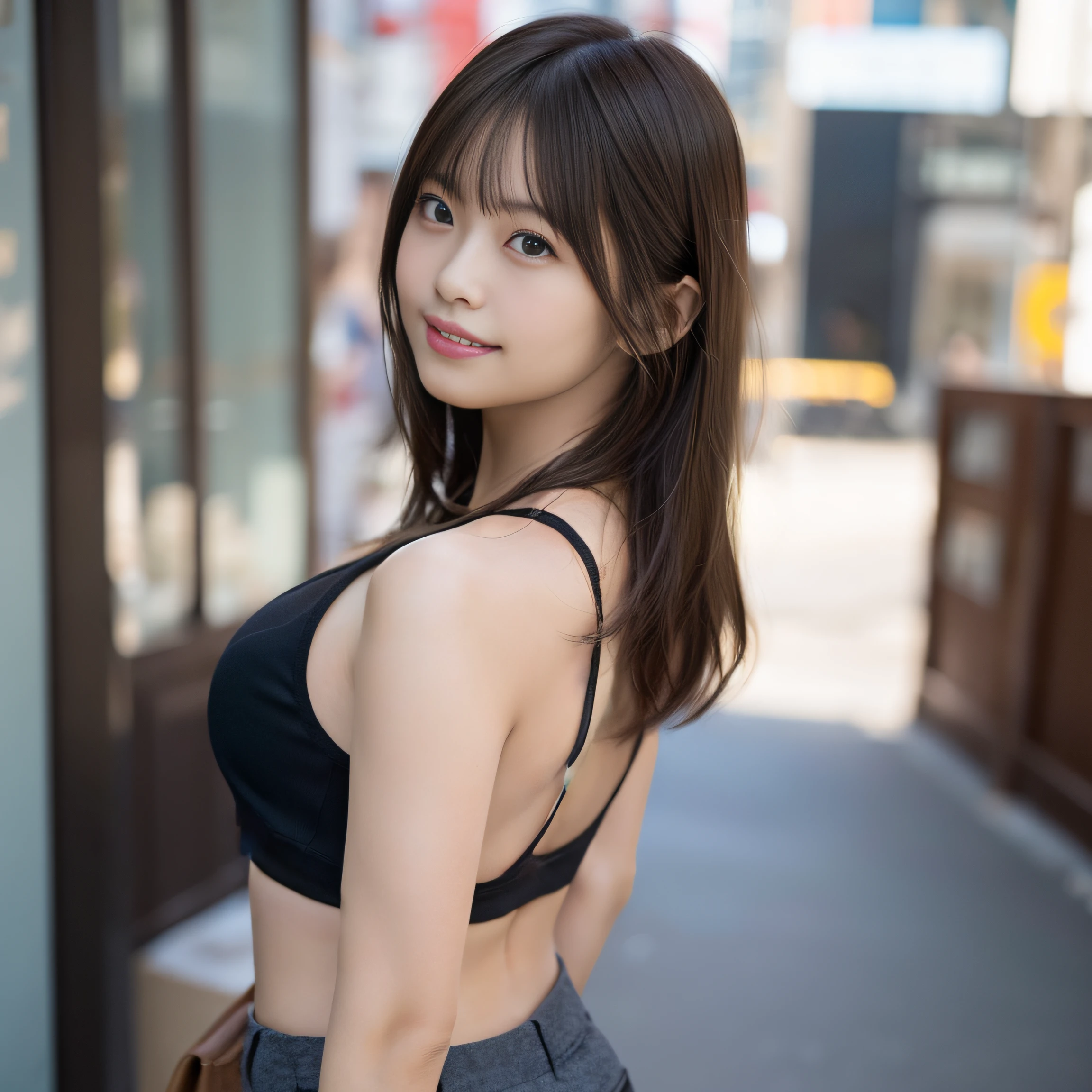 8K、Best Quality, 超A high resolution, (Photorealistic:1.4)、​masterpiece:1.3、Raw photo、 (FULL BODYSHOT:1.2)、((middlebreasts、tomgirl、the head is small))、sunlights、(Chiseled abs : 1.3)、(the perfect body : 1.1)、(short wavy hair : 1.2)、(33yo:1.3)、 FULL BODYSHOT:1.8、crowdedstreets、Black tank top、JINS、((shortpants)) 、thighs thighs thighs thighs、1日本人の女の子, Cute、natural skin textures:1.1, realistic eyes and face details:1.4, (a smile), Smooth skin, (Brown medium hair,Bangs)、nogizaka、Beautiful black eyes:1.３、Gravure Shots,A sexy、Back shot