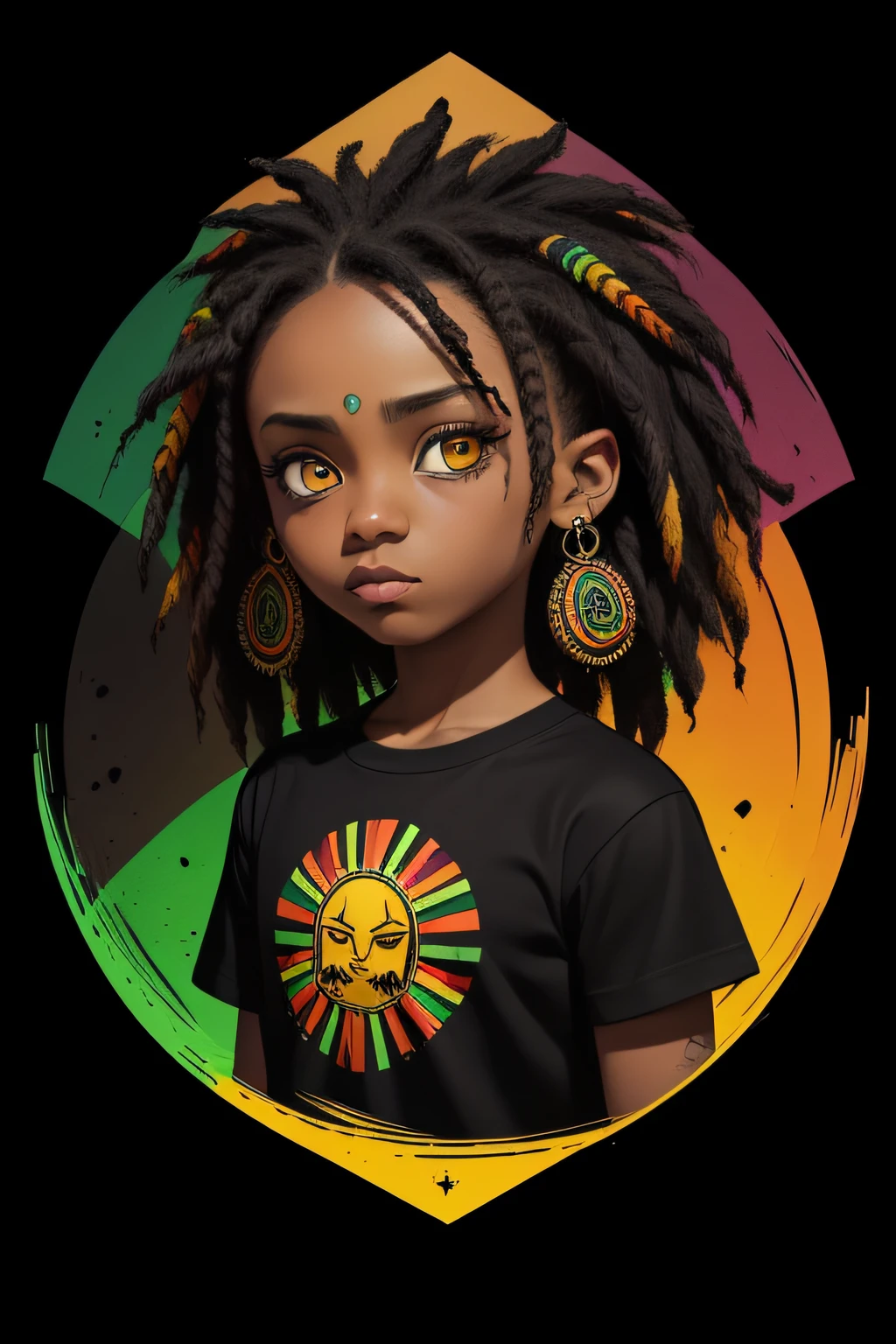 t-shirt art, 2D, ((black background :1, 5)), vector, vivid colors, chibi rasta outfit character, masterpiece, best quality, intricate details, perfect symmetrical face, realistic details, gothic theme, rim light, moonlight, cinematic shading, Greg Rutkowisk