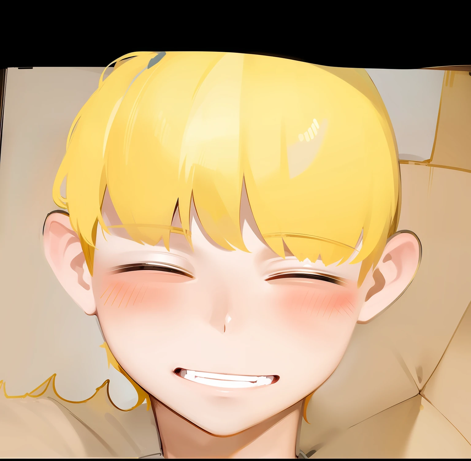 1boy, closed eyes, yellow hair, blushing, smiling, close up