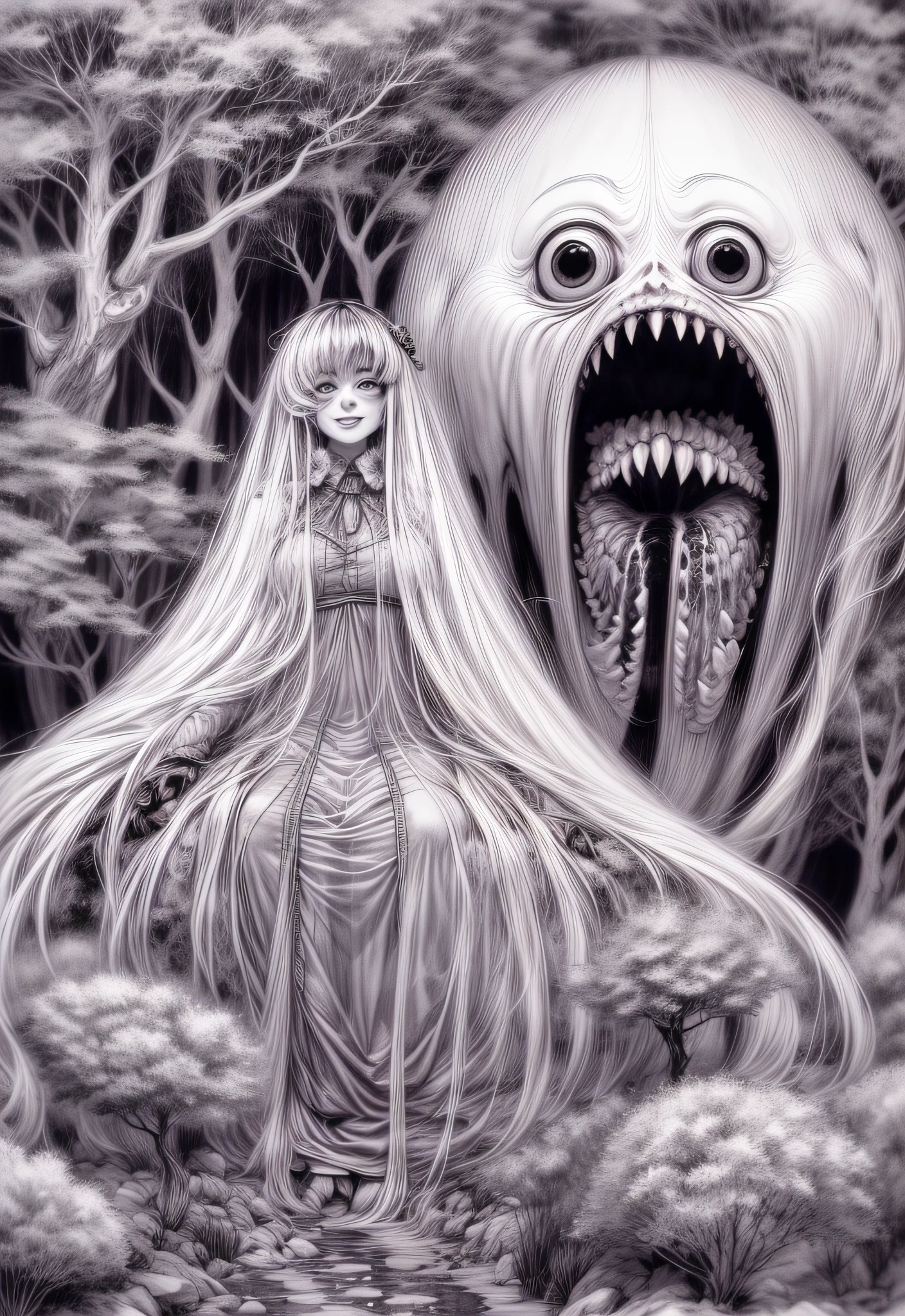 One woman、Medium chest、A female slime monster emerging from the swamp、dark、Vine、moss、Old wood、fog、mist、hkevil TinkerWaifu、Fairy Wings、blue eyes、Green Dress、sexy、Hair Bun、score_9、score_8_up、score_7_up、score_6_up、score_5_up、score_4_up、grayscale、Monochrome、Limited edition palette、Horror(theme)、Eldritch Abomination、chaos、silhouette、