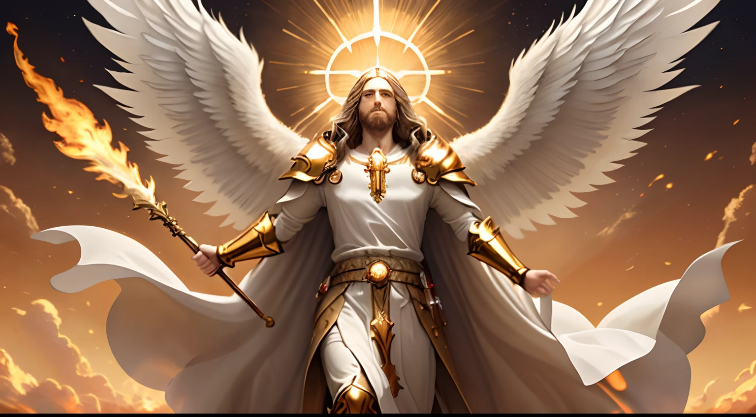 Jesus second coming in the heavens, face like the midday sun, crown, a tunic and a golden breastplate, hair as white as snow, eyes as flames of fire, feet as refined bronze in the furnace, light smile, Surrealism, backlighting, cinematic lighting, high quality, high details, best quality