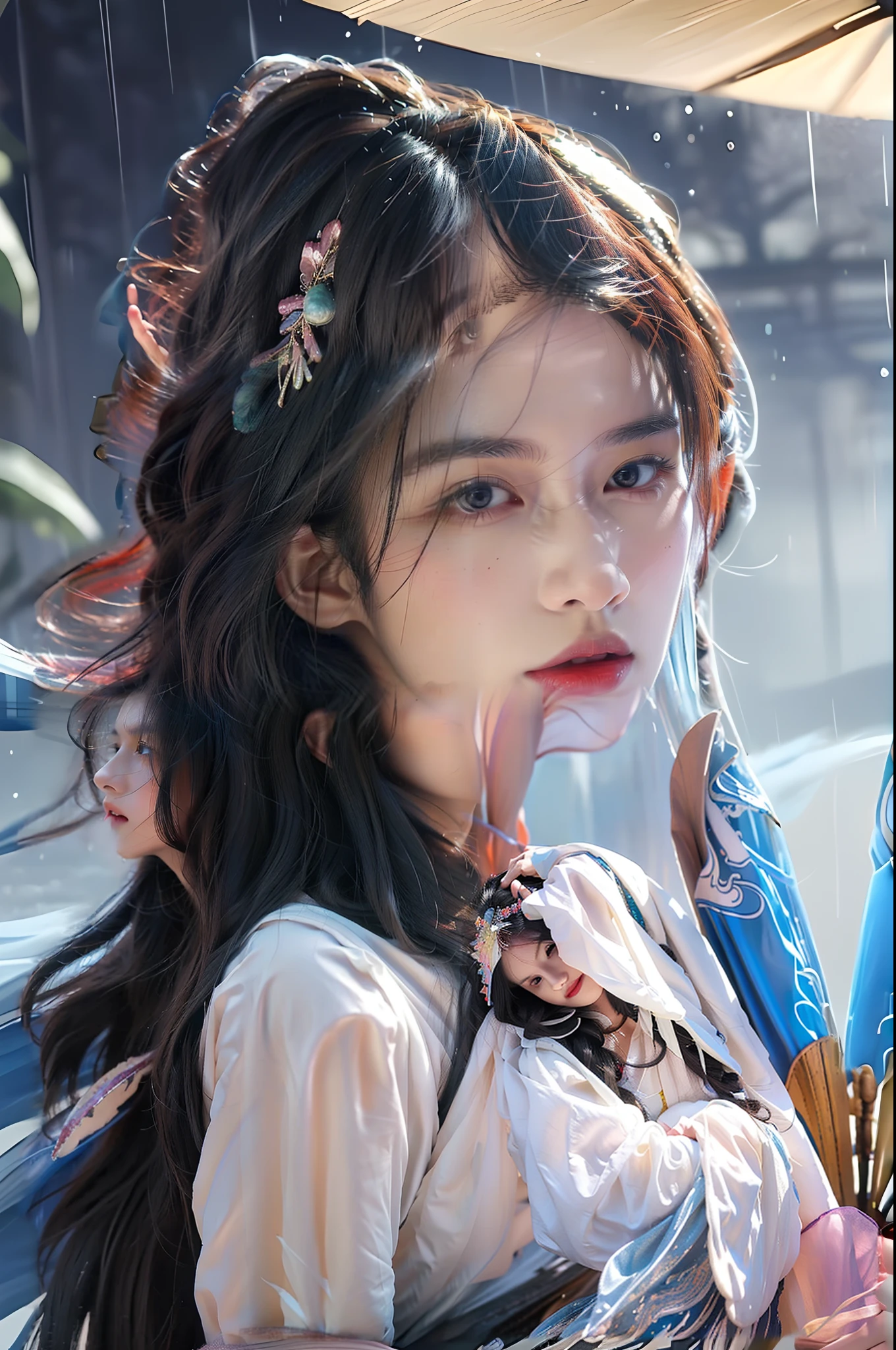 "An enchanting woman with flowing dark hair strolls through a vast dreamscape, showcasing exquisite detail and vibrant colors. This mesmerizing digital artwork, rendered in stunning 4k resolution, is a product of the masterful talents of Michael Garmash and Ben Bauchau."