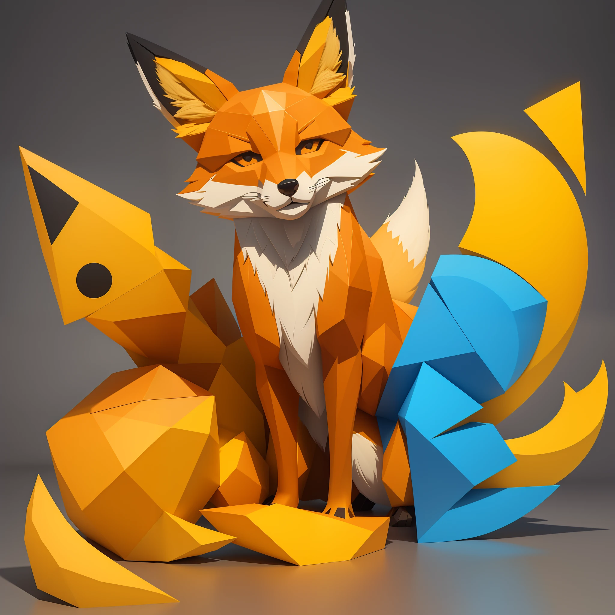 Geometric logo outline of a fox shades of yellow, laranja e azul ultra hd 8k 3d estilo line art
