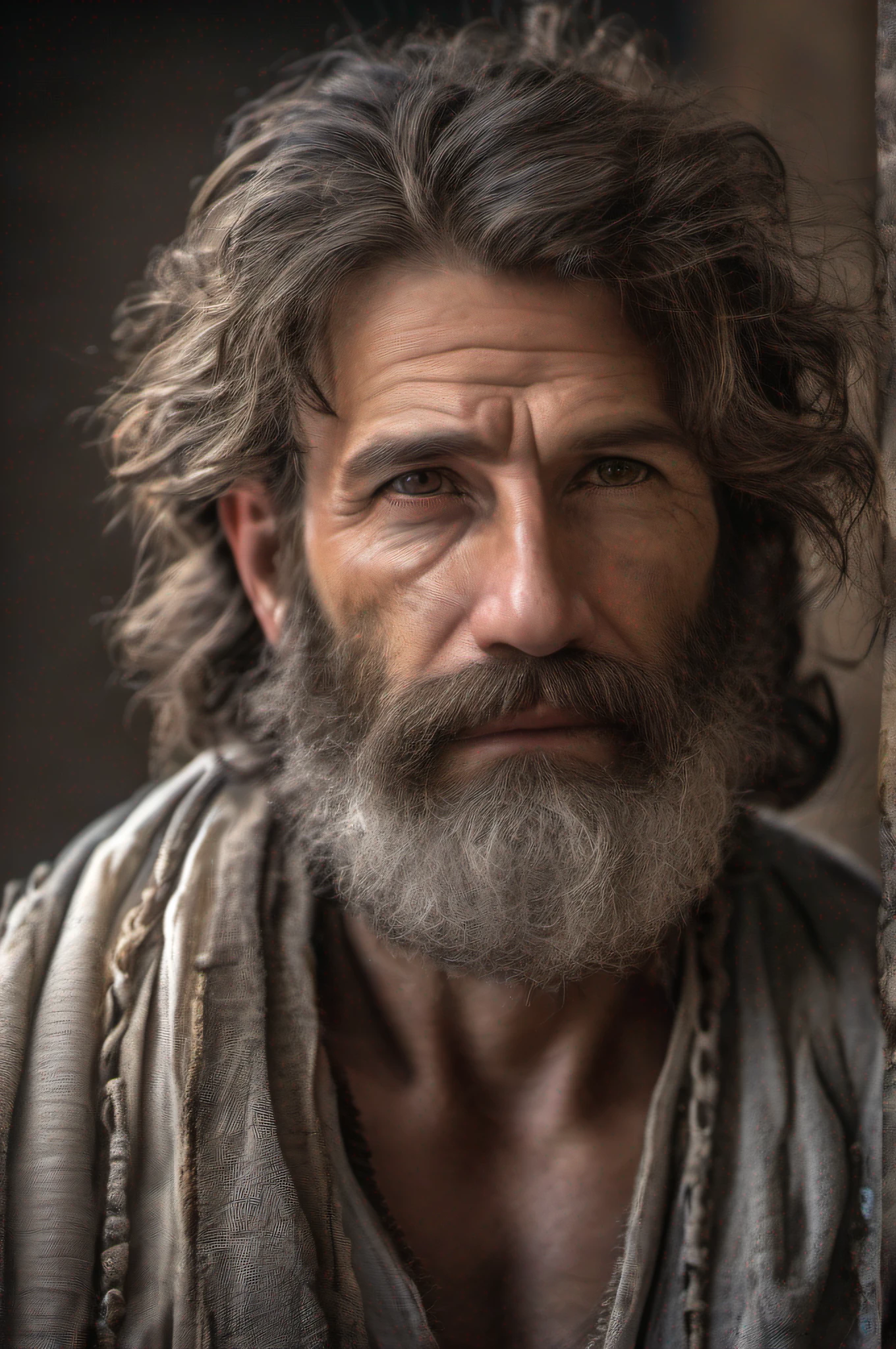 A portrait of Solomon the son of David, bearded, wrinkled, weathered, with piercing eyes, detailed face, high details, photography, dark studio, rim light, Nikon D850, 50mm, f/1.4