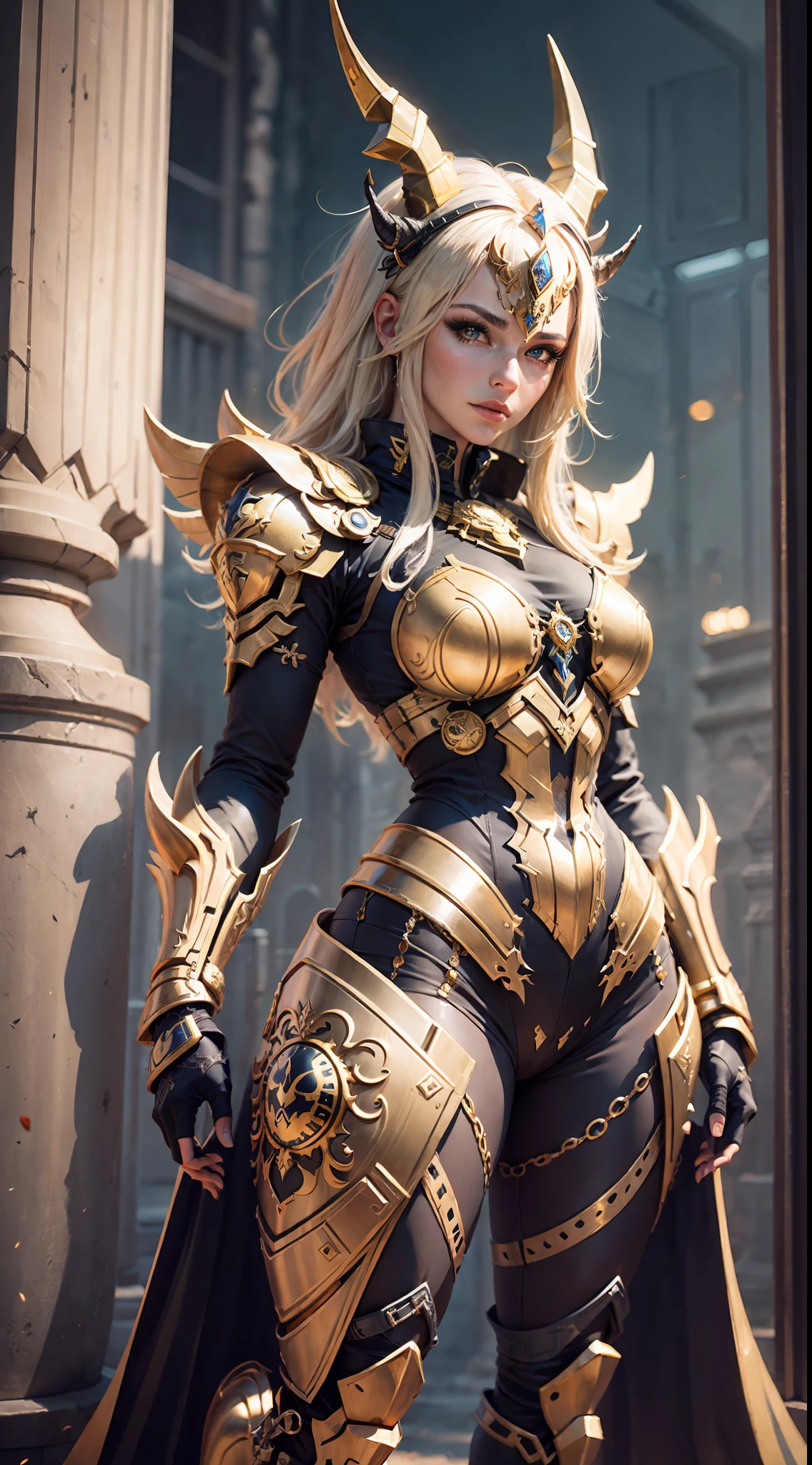 animal with human head and golden horns, dragoon portrait, mystic anubis valkyrie, long legs, cyber armor, golden boots, highly detailed fantasy character, 8k detailed fantasy,