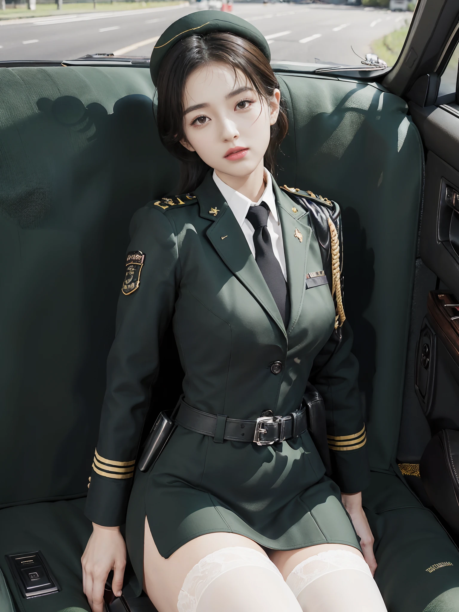 Very detailed CG unity 8K wallpaper，（tmasterpiece），（best qualtiy），（ultra - detailed），（Ultra photo realsisim），（best character detail：1.36），Nikon D750 f / 1.4 55mm，profesional lighting， physically-based renderingt, 1girll, Female soldier，army suit，Green military uniform，Fabric texture military uniform，Dark green tie，Army green skirt，military hat，Black hair，the golden ratio,[:(com rosto detalhado:1.2):0.2]:,PureErosFace_V1, broad shoulder,(Bigchest:1.5),(big assa:1.5)，Wide buttock ，Bare legged，Plump legs，Move the center of gravity back，Squat on the grass，Spread your legs apart，The skirt covers the bottom of the skirt，whitestocking，Small black leather shoes，hands lying on thighs，Soaked with sweat，red flags，At the cafe，Night Street，bright sun，Look at the audience from the front，Bright smile，White teeth，lighting，Contre-Jour，