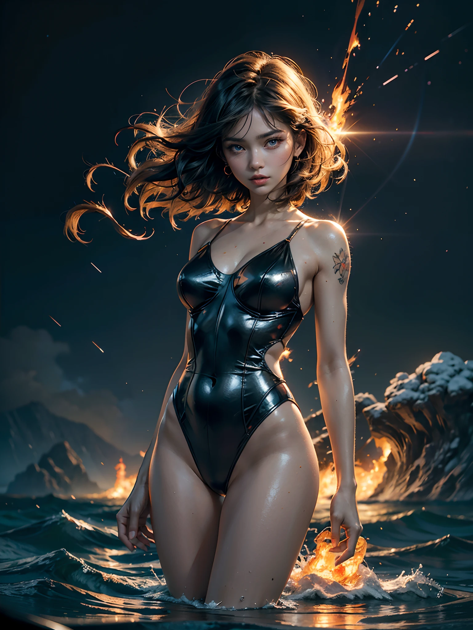 (masterpiece:1.1), (best quality:1.2), (artwork:1.1) of (real adult catgirl in light nightdress, dynamic pose:1), skinny, thin legs, thin hips, crepuscular rays, (scenic, floating short hair, tender, natural skin, upper body, tall), (crisp:1.1), (ultra detailed, ultra detailed cg background), full body colorful tattoo, firestorm, centered, colorful, glowing, (depth of field), wavy hair, finely detailed, (edge detection:1), (120mm), beautiful eyes, (intense lighting:1.1), (ultrasharp), fine art, creative, face, bokeh, photographed on a Fujifilm GFX 100S, macro lens, orange, cold blue, fireball, engulfed in flames, flight, sunny, dynamic, physics, sky, lava, moons, shockwaves, red-hot, magic, wizardry, spheres, concentric
