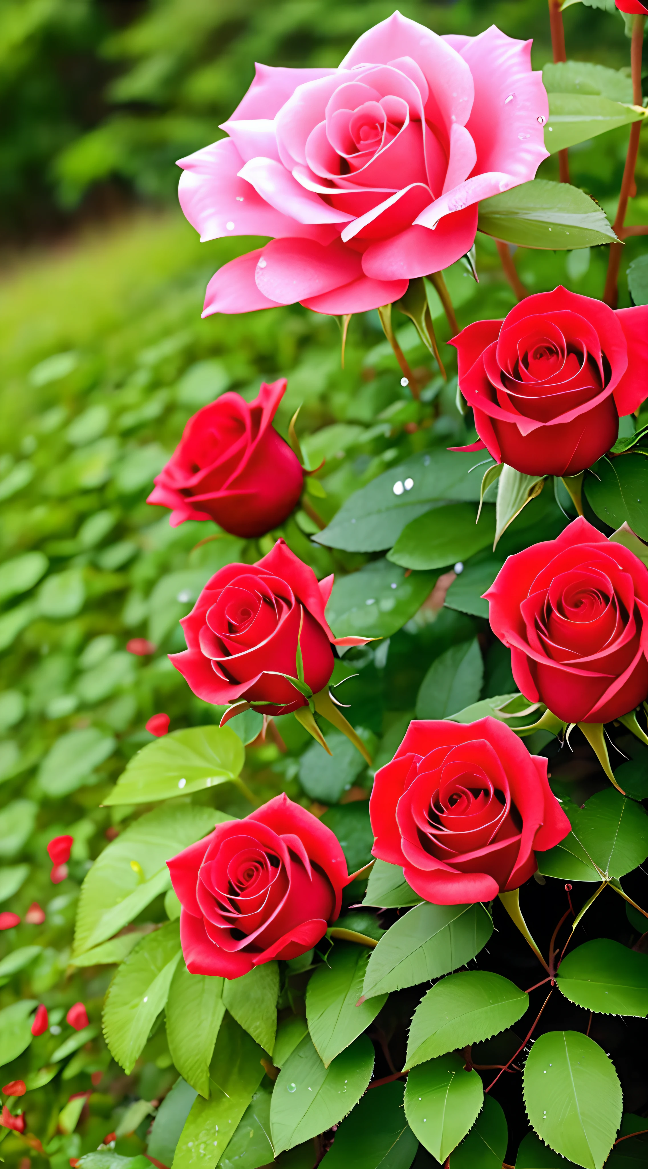 Beautiful full rose flower plant,dew drops on the leaves of plant and the grass below it, low angle view,fantasy, ultra hd
