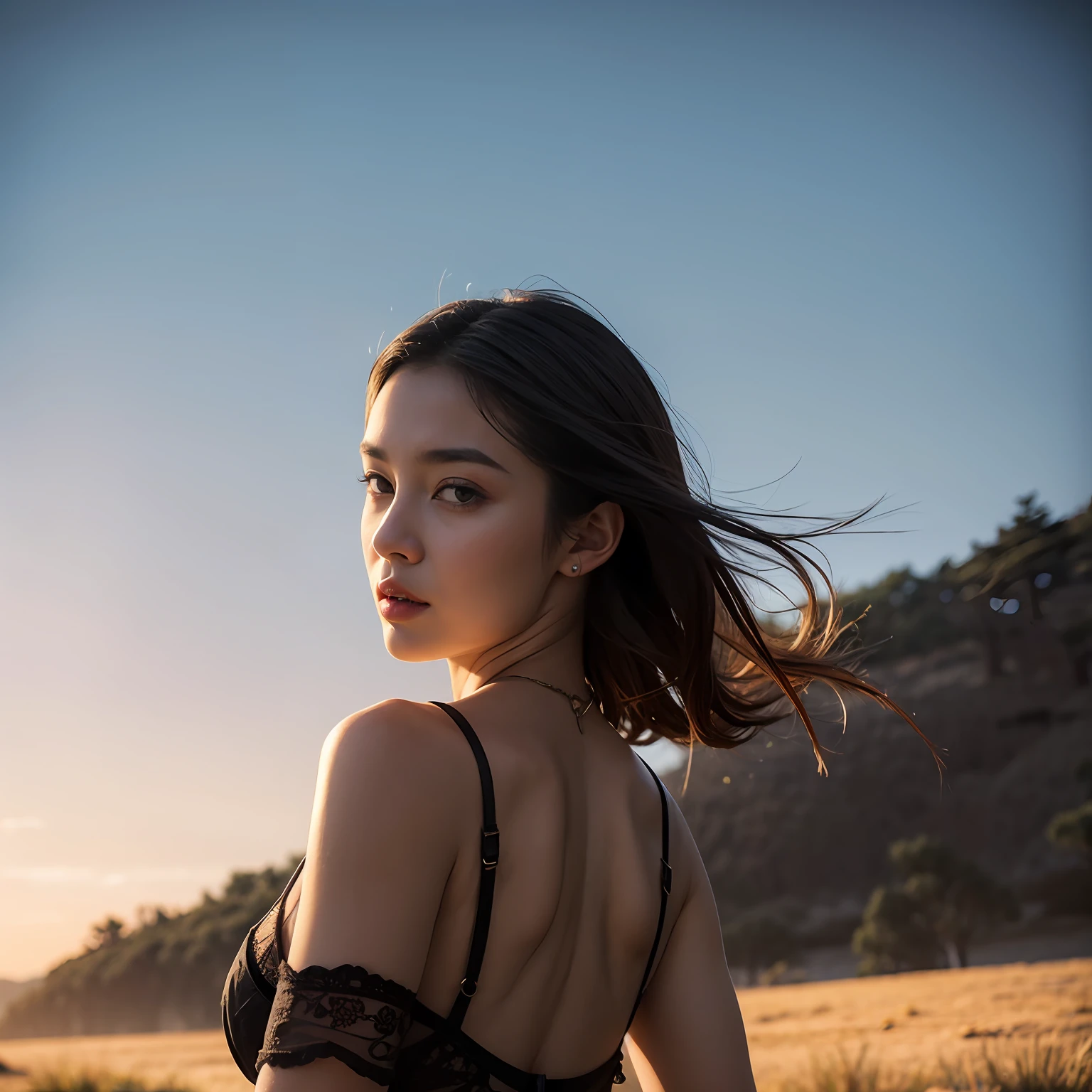 (best quality, masterpiece), 1girl, lingerie, big breqst, samurai, particle, wind, looking at viewer, fox ear, monsters in background, backlighting, upper body, pose