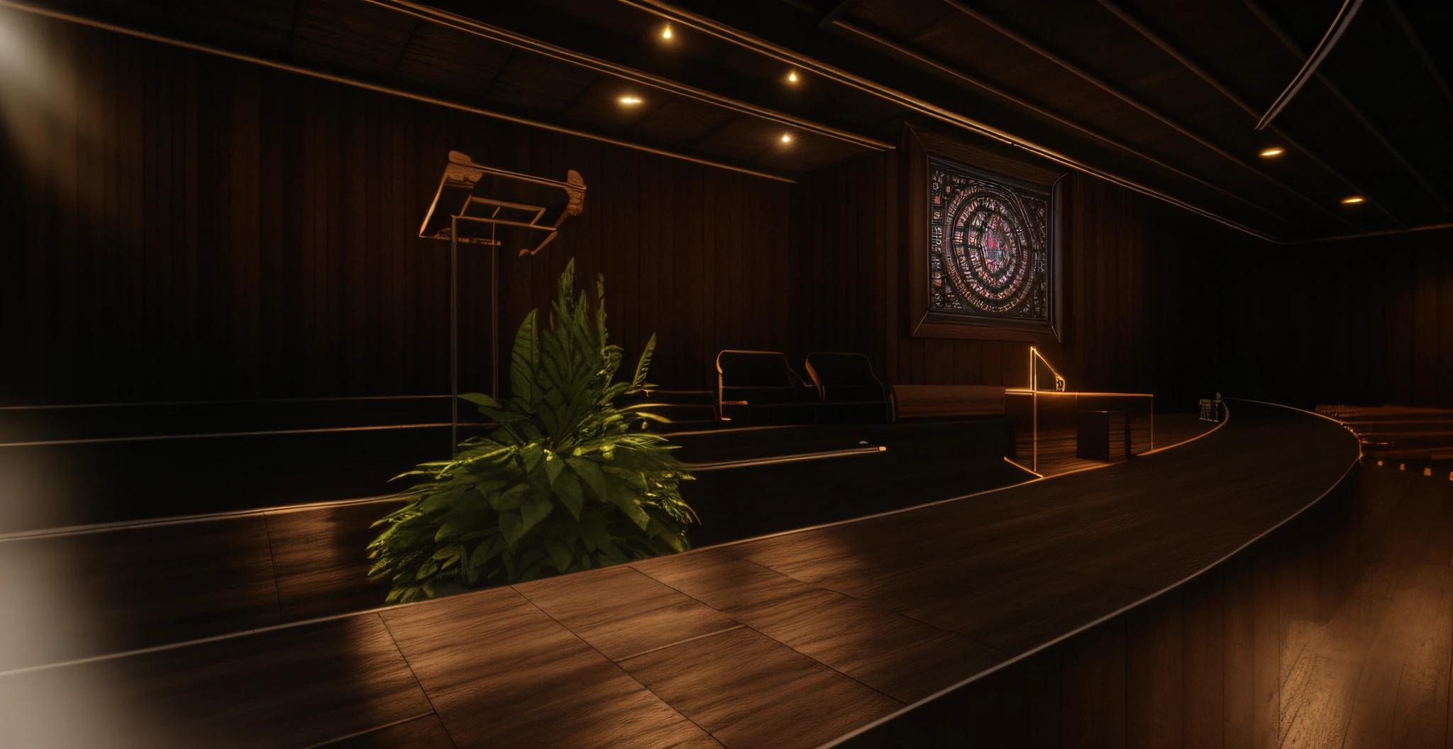 Church altar in wooden floor, dark walls, pulpit behind plant, grey roofing with led lamps, rendered lighting, detailed 3d render, raytraced design, enscape render