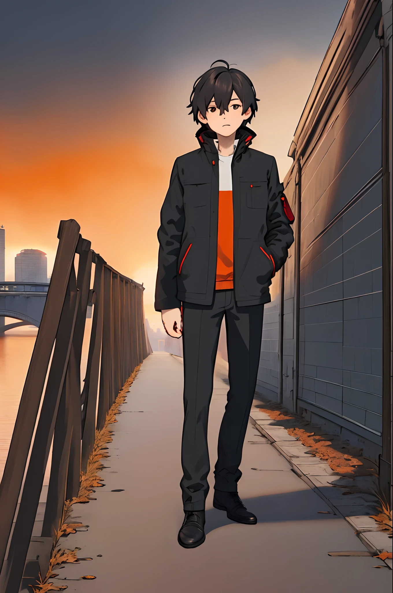 masterpiece, best quality, 1boy, flat color, limited palette, low contrast, (ligne claire), black hair, jacket, full body, standing, night sky, city, sunset, bridge, depth of field, black, red, orange, brown, autumn, haze