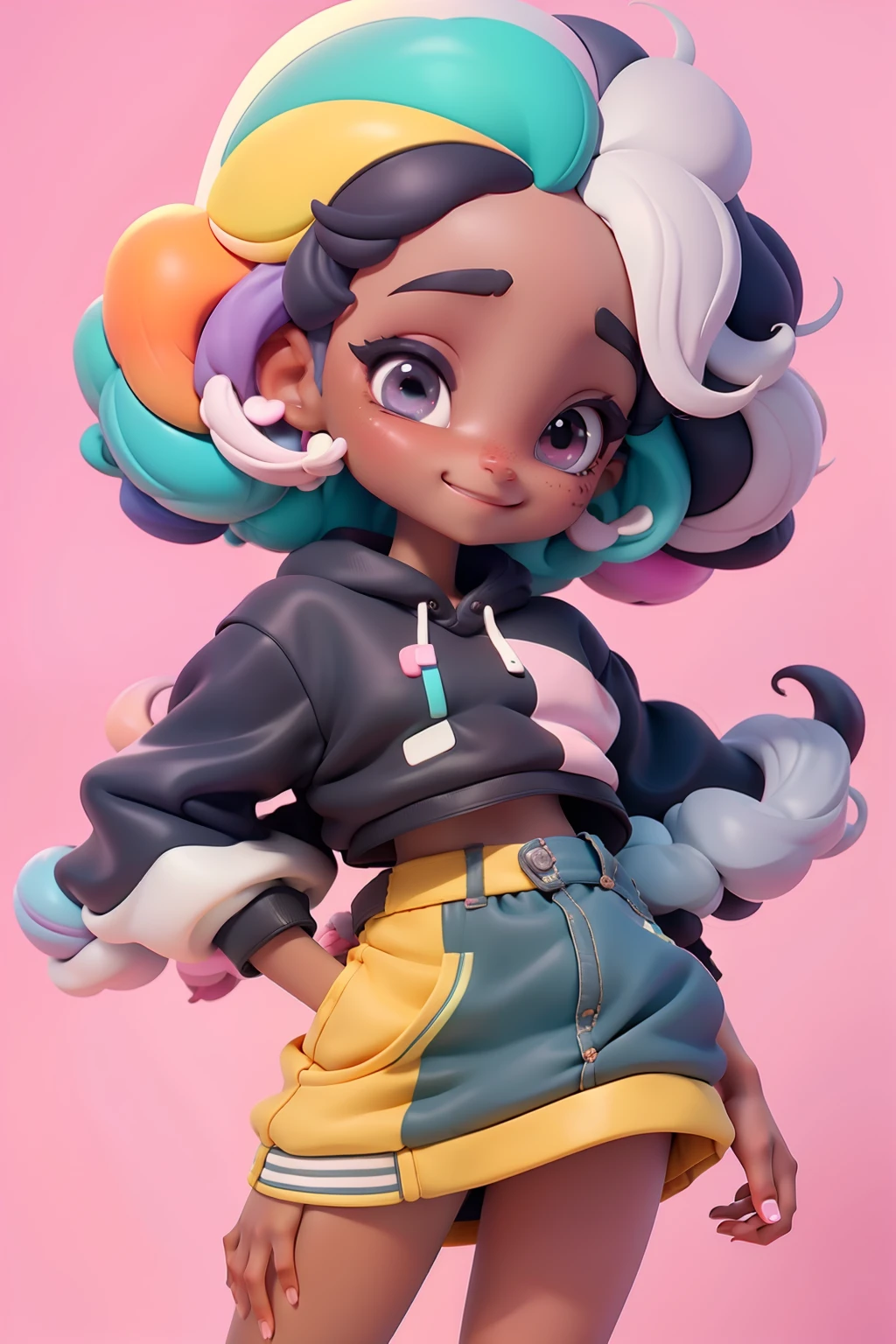 loli negra multicolor, fofa, moletom, tons pastel multicolor, sorriso meigo e delicado, corpo inteiro, olhos delicados e cabelos multicolor, fundo simples e branco