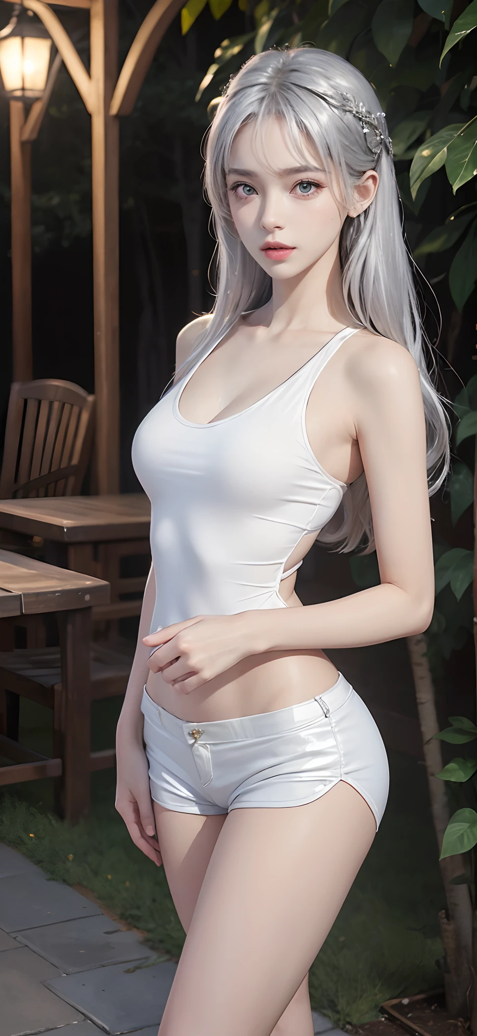 (8K, Raw-Photo, Photorealistic:1.25), masutepiece, Best Quality, Illustration, Ultra-detailed, delicate detail, Hight Resolution, 8K wallpaper, Perfect dynamic composition, Beautiful detailed eyes, Natural Lip, (Sexy turtleneck, Denim shorts:1.3), (((Huge breasts :1.2, and droopy breasts:1.1))), cleavage, perfect shiny skin, prefect skin, (((shiny white skin))), moist lips, Innocent Big Eyes, Detailed Eyes, walking, (from above:1.2), (Wear a white mask:1.2), at a park
