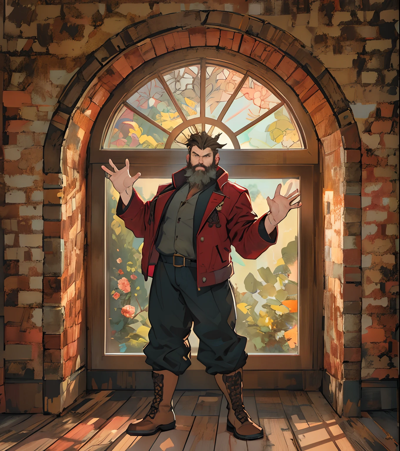 A bearded man in a red jacket and pants stands in front of a window with outstretched arms, full body character concept, full body concept, detailed full body concept, The room has a window overlooking the garden, Brown (Old) Walls, warm lighting, background illustration, Soft light from the window, wooden floor, Window with natural light, Art Nouveau environment, Light from the window