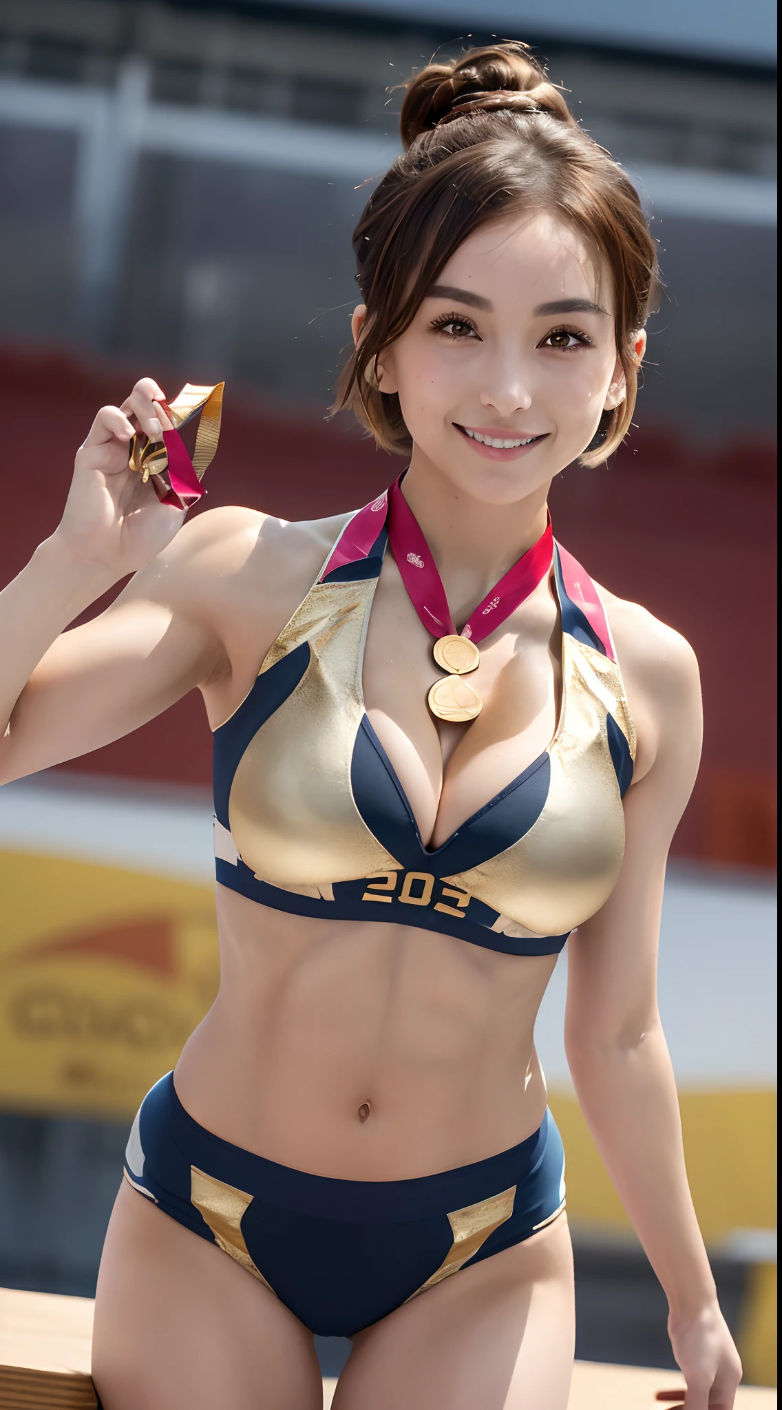 8K、 超A high resolution、Best Quality、Photorealsitic、hightquality、high-detail、masuter piece、(huge-breasted、cleavage of the breast:1.3)、Lower breast、(Red and black、Racing Bloomers、Sportsbra:1.2)、track and field club、(Standing on the podium、Wear a gold medal around your neck、1 medal、Wave to the audience above:1.45)、(Brown-haired short-haired chignon:1.2)Extraordinary beauty、(Toned body、Split abs、Show armpits:1.3)Big eyes、Obviously double eyelids、(On a short track in the athletics arena:1.3)、serious facial expression、RunningShoes、Attach the bib to the chest