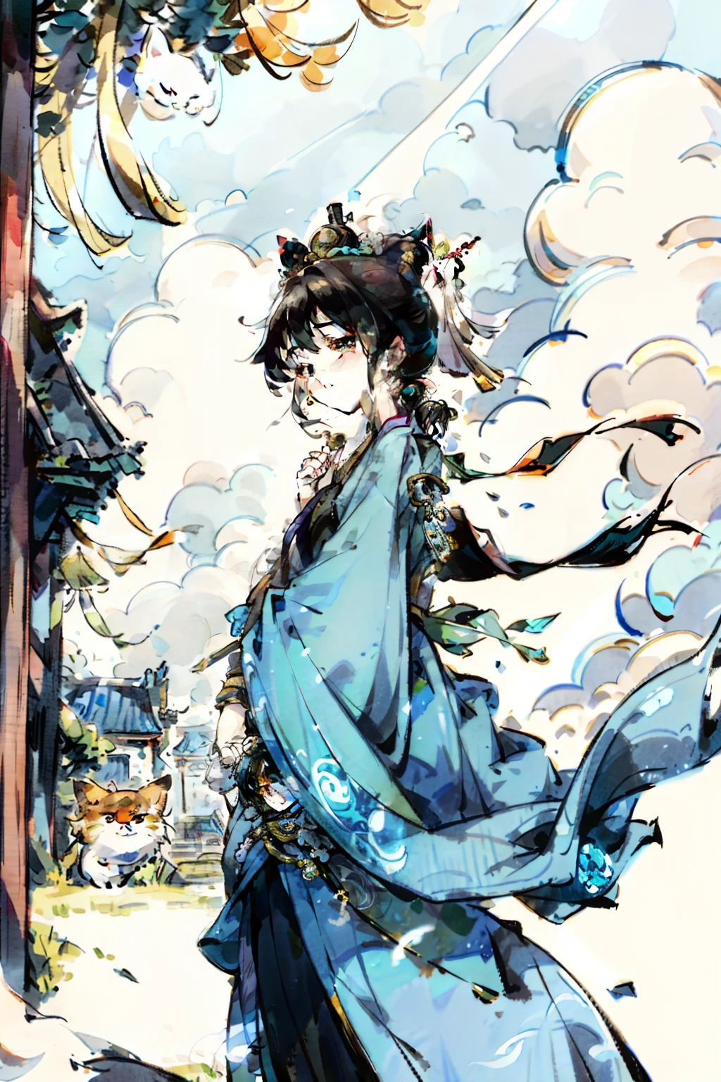 Under the blue sky and white clouds,The ancient street is lined with tea houses,pub,pawnshop,workshop,There are also many small stalls in the open spaces on both sides of the street,(The black-haired woman wearing a Taoist robe has a super delicate and delicate and detailed laughing woman,Fortune-telling flag in his right hand,The woman wears a vine bracelet and Buddha beads on her left hand,approximately 20 years old,4 K high quality photos),((A tanuki cat)),4 K quality