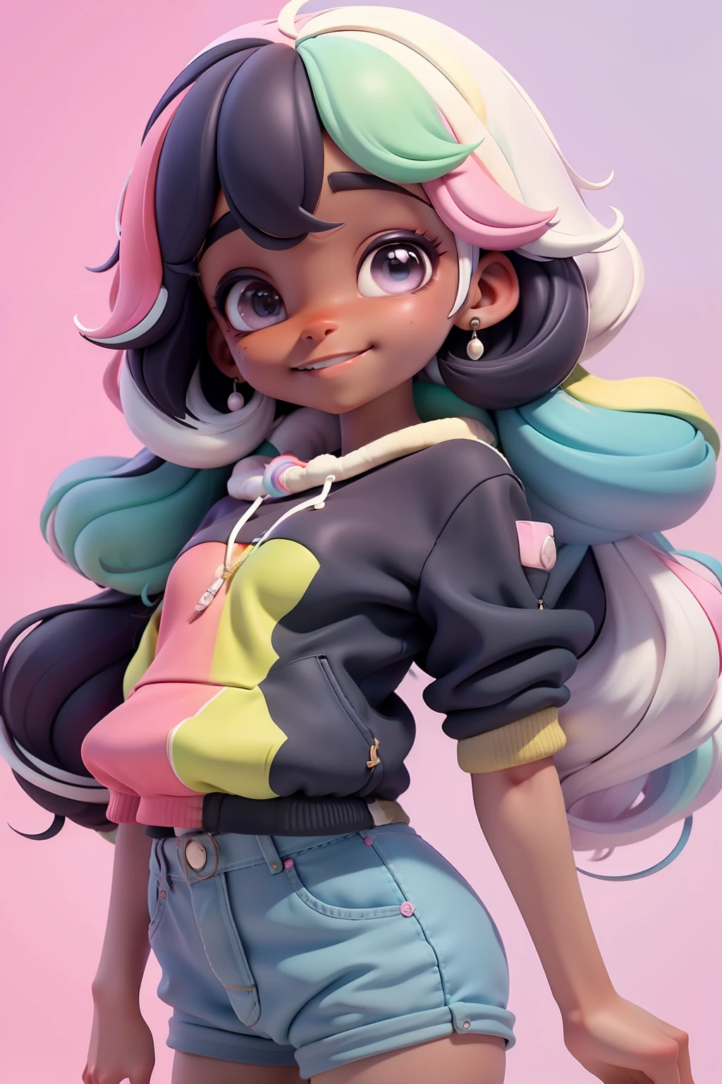 loli negra multicolor, fofa, moletom, tons pastel multicolor, sorriso meigo e delicado, corpo inteiro, olhos delicados e cabelos multicolor, fundo simples e branco