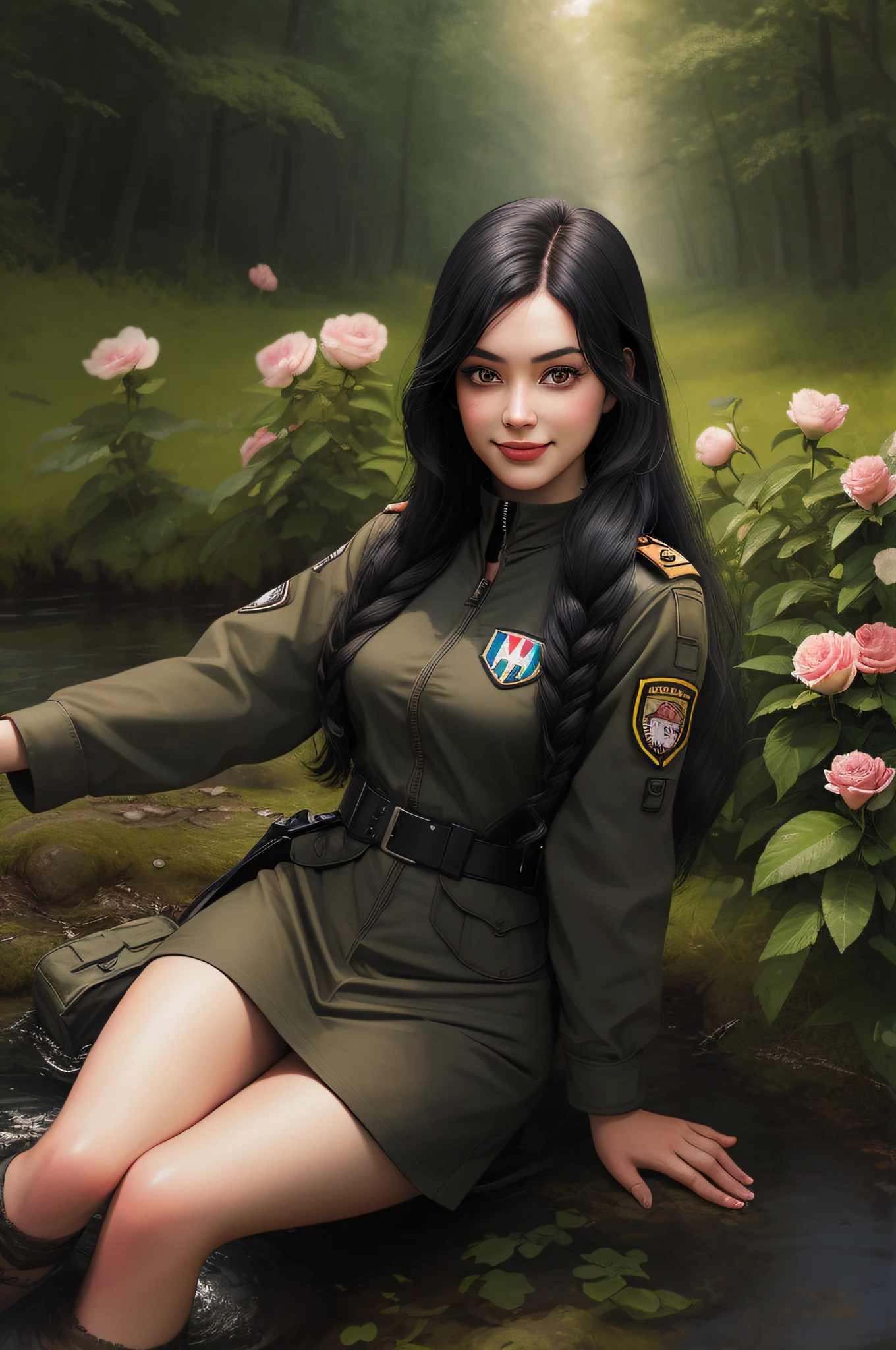 A beautiful female military woman,Affectionate smiley face,Long black hair,middlebreast,Face details are clear,Wearing a military uniform,Sit on grass、ln the forest,small stream,full bodyesbian(Real Human)photorealestic,Peony flower,SakuraNS,Rose flower,camelliamix,the woods,helicoptere,A high resolution