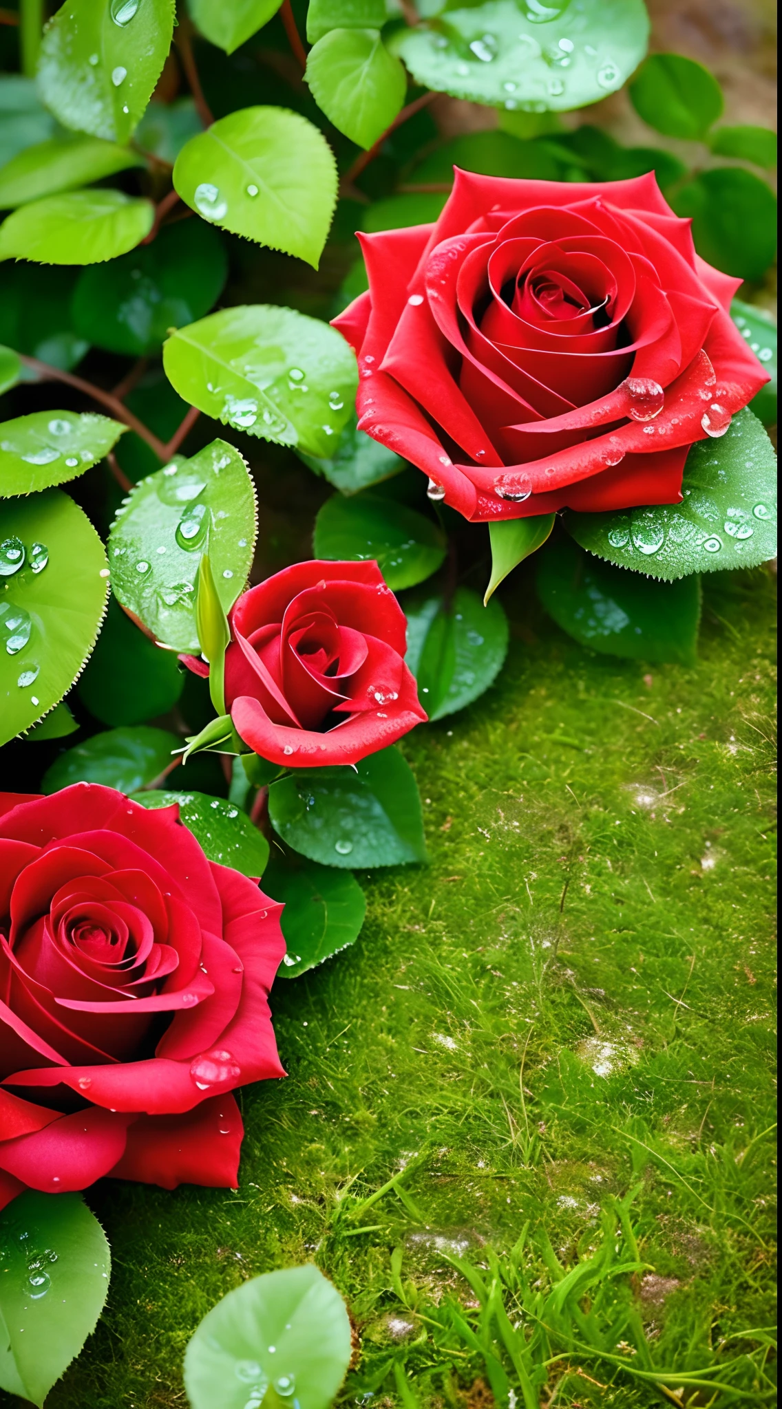 Beautiful full rose flower plant,dew drops on the leaves of plant and the grass below it, fantasy, ultra hd