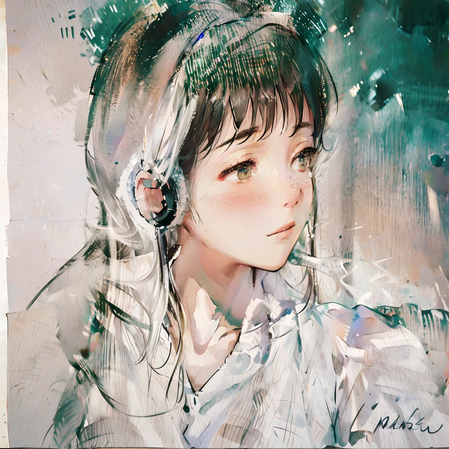 high definition 4k,Bokeh background library,4 year old boy,with headphones on,The watercolor style was repainted。