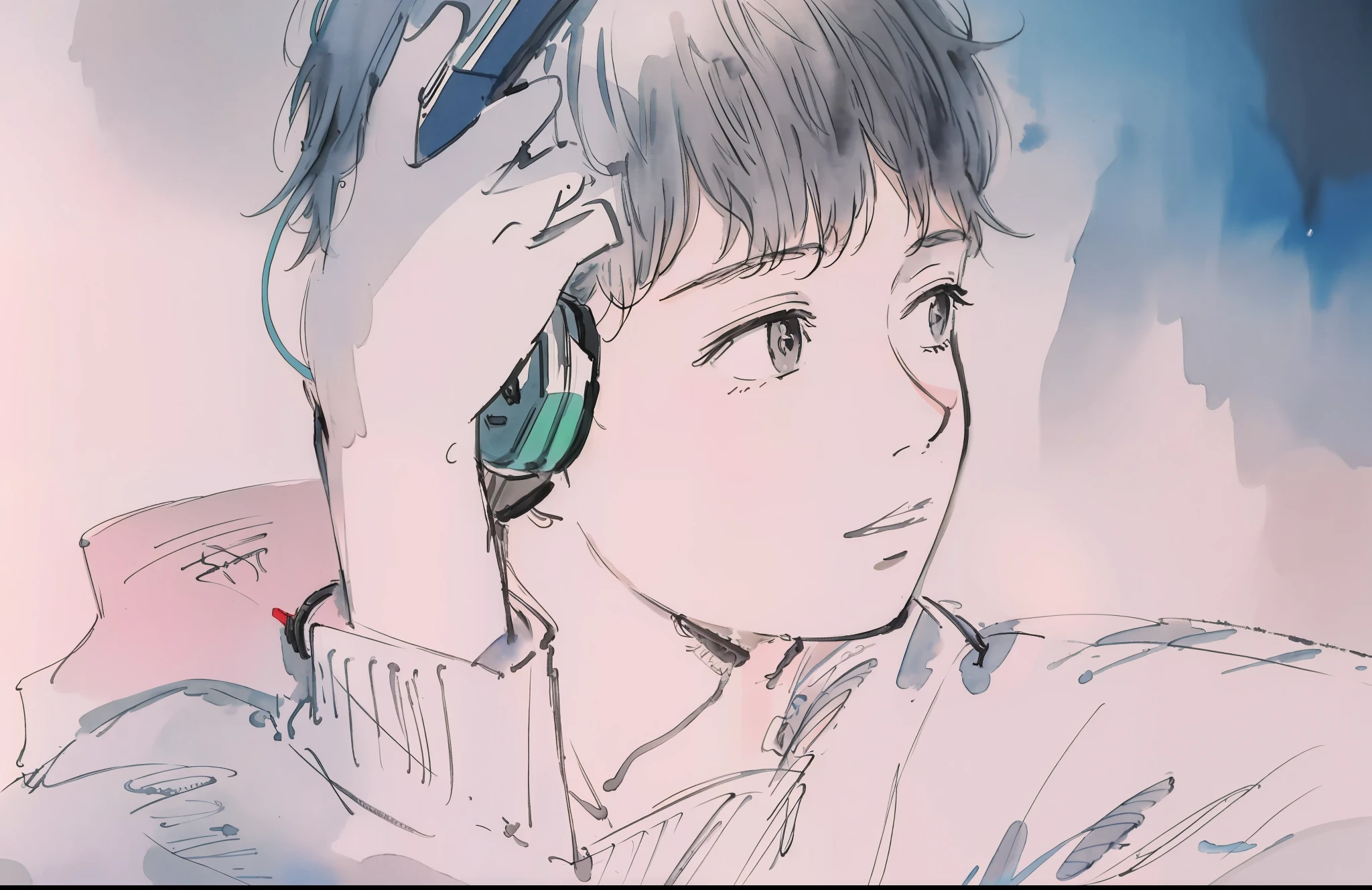 HD 4K，Bokeh background library，younge boy，with headphones on，The watercolor style is repainted。