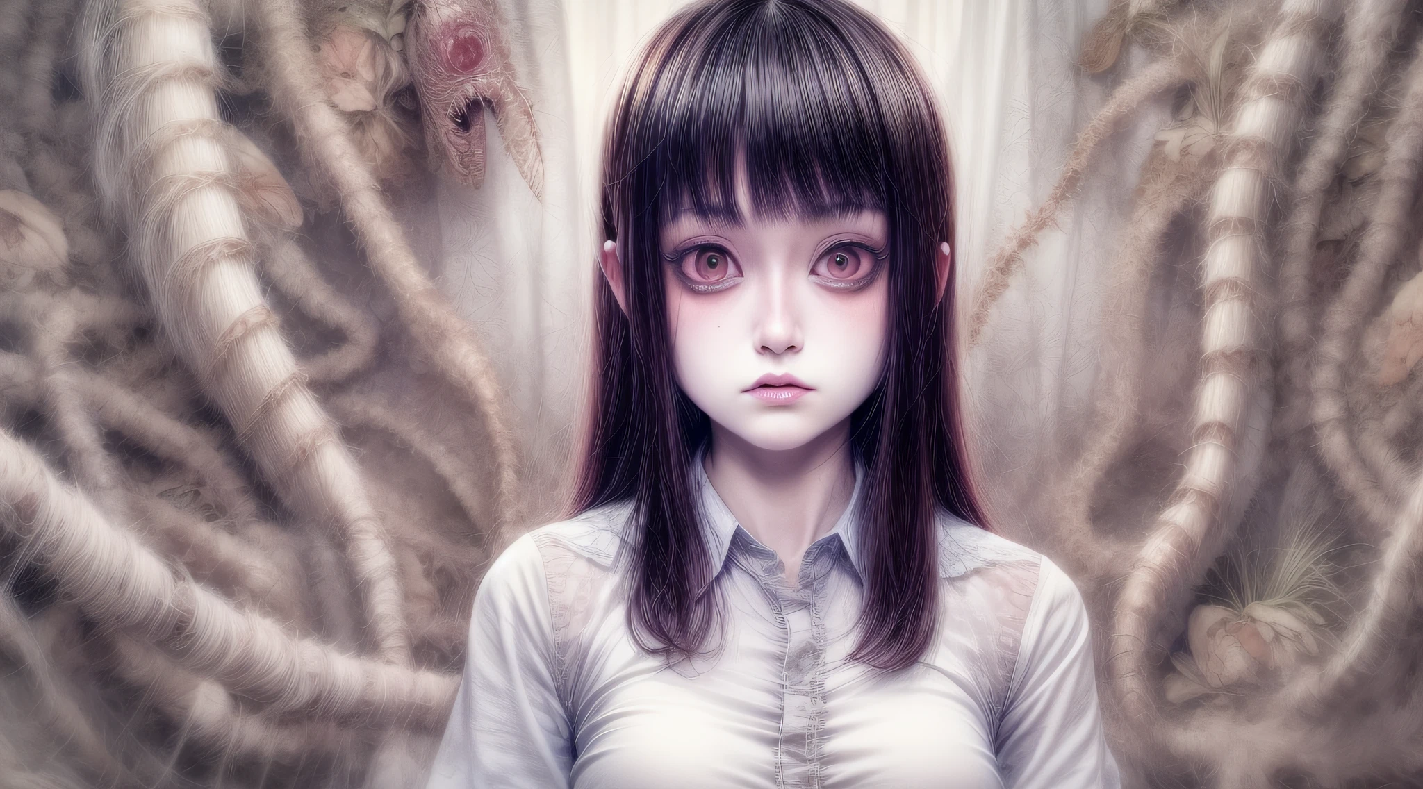 1girl, 22 years old, wearing white open silk fully unbuttoned see through shirt, jueri-anarupuragu, upskirt, thighhighs, monsters at backgroud, junji ito artwork, in style of junji ito, art style of junji ito, junji ito style, horror manga, yoshitaka amano and junji ito, junji ito and greg rutkowski, junji ito undertones, inspired by Junji Ito