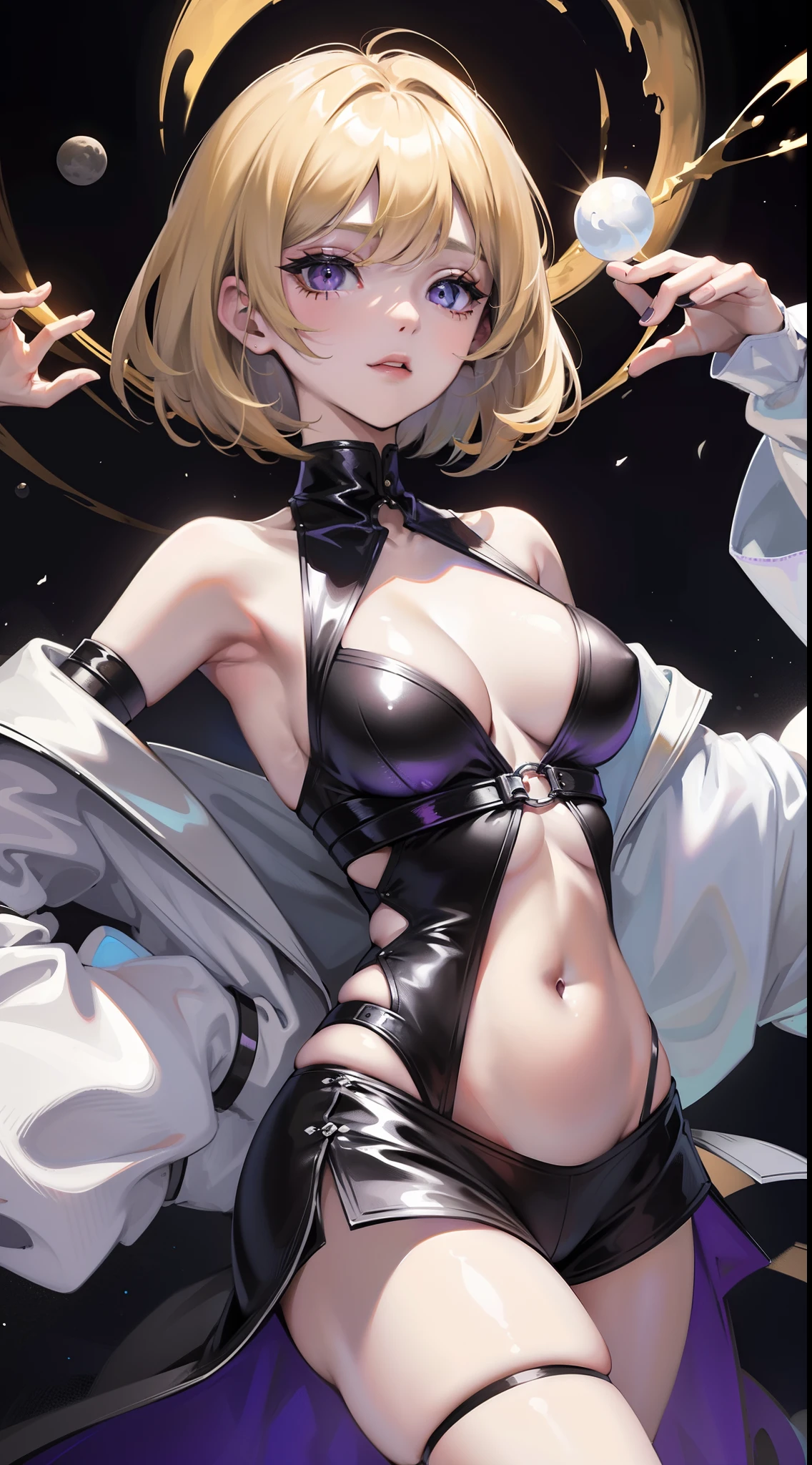 young girl, short blonde hair, Bob hairstyle, violet eyes, Black and white tight magic dress, open belly, open breasts, Wide neckline, The Sun and the Moon, Masterpiece, hiquality