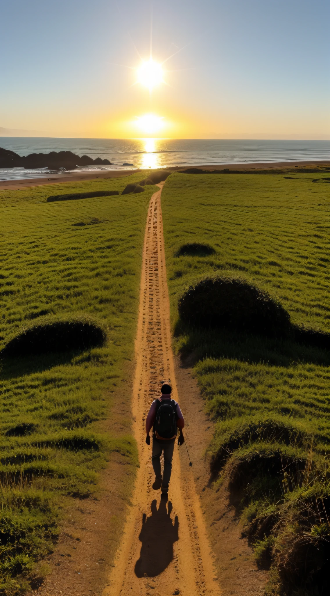 fundo claro e luminoso, com um caminho estreito e sinuoso que se estende ao longo da imagem, uma pessoa com mochila nas costas, Walking towards the horizon.