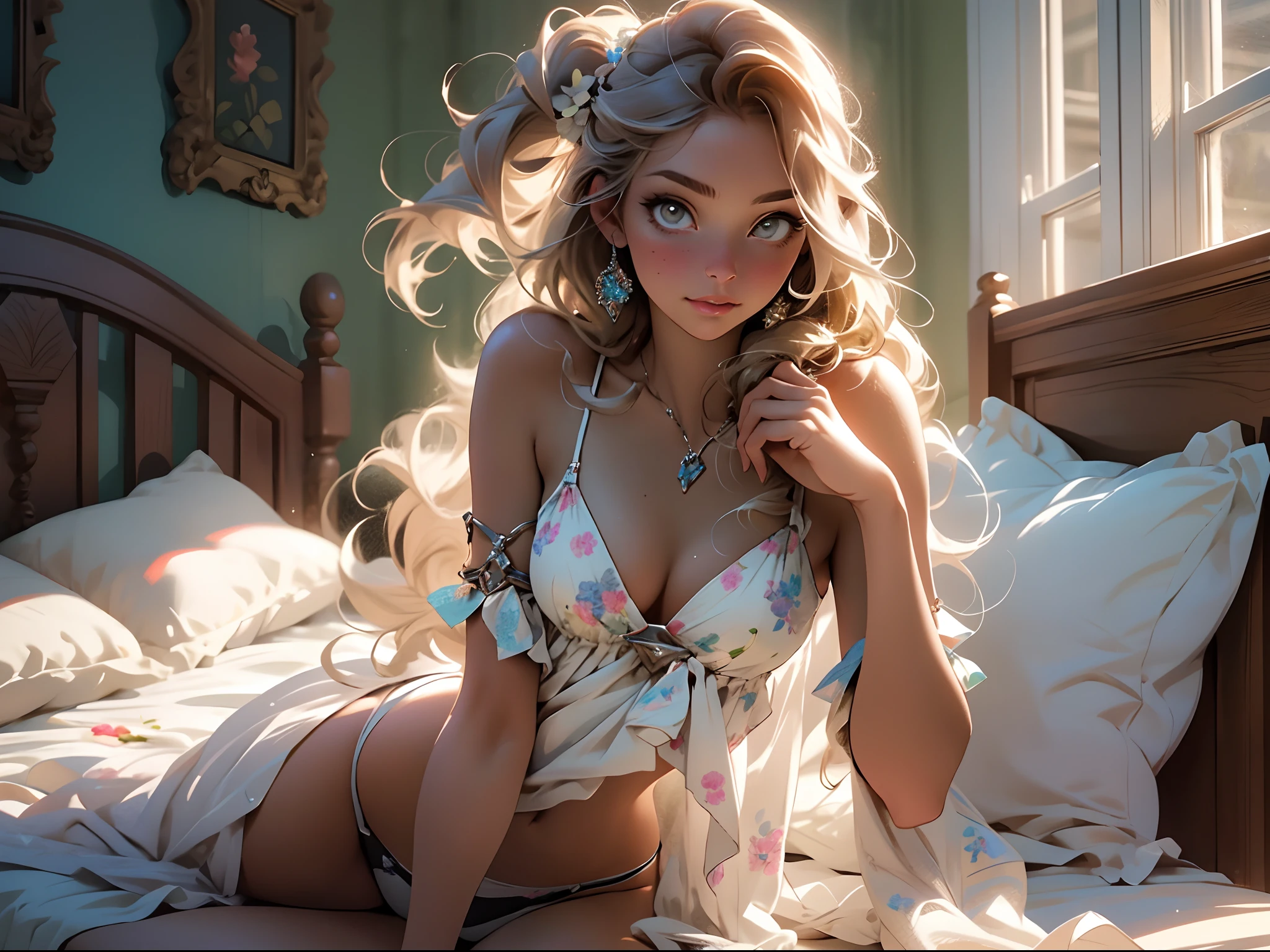 melancholy lighting, quiet, calm, brightness, masterpiece, best quality, 1girl, (JinxLol:1.2), (ultra photorealistic:1.3), (masterpiece:1.4), best quality, ((realistic)), high quality, ultra detailed, ((real image)), ((realistic skin)), ((realistic face)),(illustration:1.05), (beautiful:1.05), (beautiful detailed eyes:1.05), (cinematic light:1.1), full body, precise proportions, 18-year-old girl, skinny model lying next to the bed, hair fluttering in the wind,  tulle, long legs, feet slightly open, buttocks, blush, shyness, collarbone, abdominals, double weave, beautiful and delicate face, fair skin, real skin, (face detail), pores, super high resolution, 8k, parameters Best quality, masterpiece, super high resolution, (Realistic 2.0), More details, detailed skin, white panties, straight brown hair, perfect and well designed eyes, girlfriend, beautiful, beautiful, flowers, studio lighting
