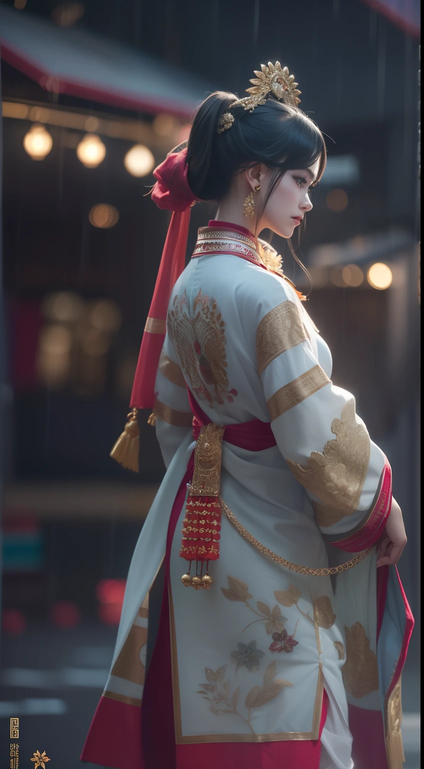 masterpiece、top-quality、 Look into the distance、full body, cinematic portrait shot of male kathakali dancer in urban clothing standing in the rain。 detailed skin textures、Detailed Cloth Texture、beautifull detailed face、intricate-detail、ultra-detailliert、CGSetsoty Trends、Fantasyart、beautiful character painting、guweiz、Full body Wuxia、epic exquisite character art、Stunning character art、silber hair、Long ponytail