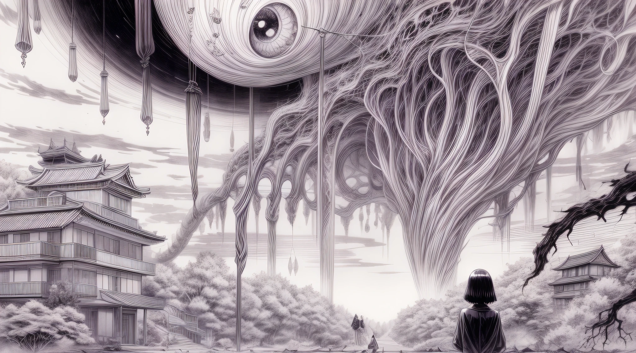 a black and white drawing of a monster and a woman on the ground, Open silk fully unbuttoned see through shirt, gigantic massive long saggy hanging down teardrop sagging dropping tits, smile, Sakura flower, Sakura trees, falling flowers, junji ito artwork, in style of junji ito, art style of junji ito, junji ito style, horror manga, yoshitaka amano and junji ito, junji ito and greg rutkowski, junji ito undertones, inspired by Junji Ito
