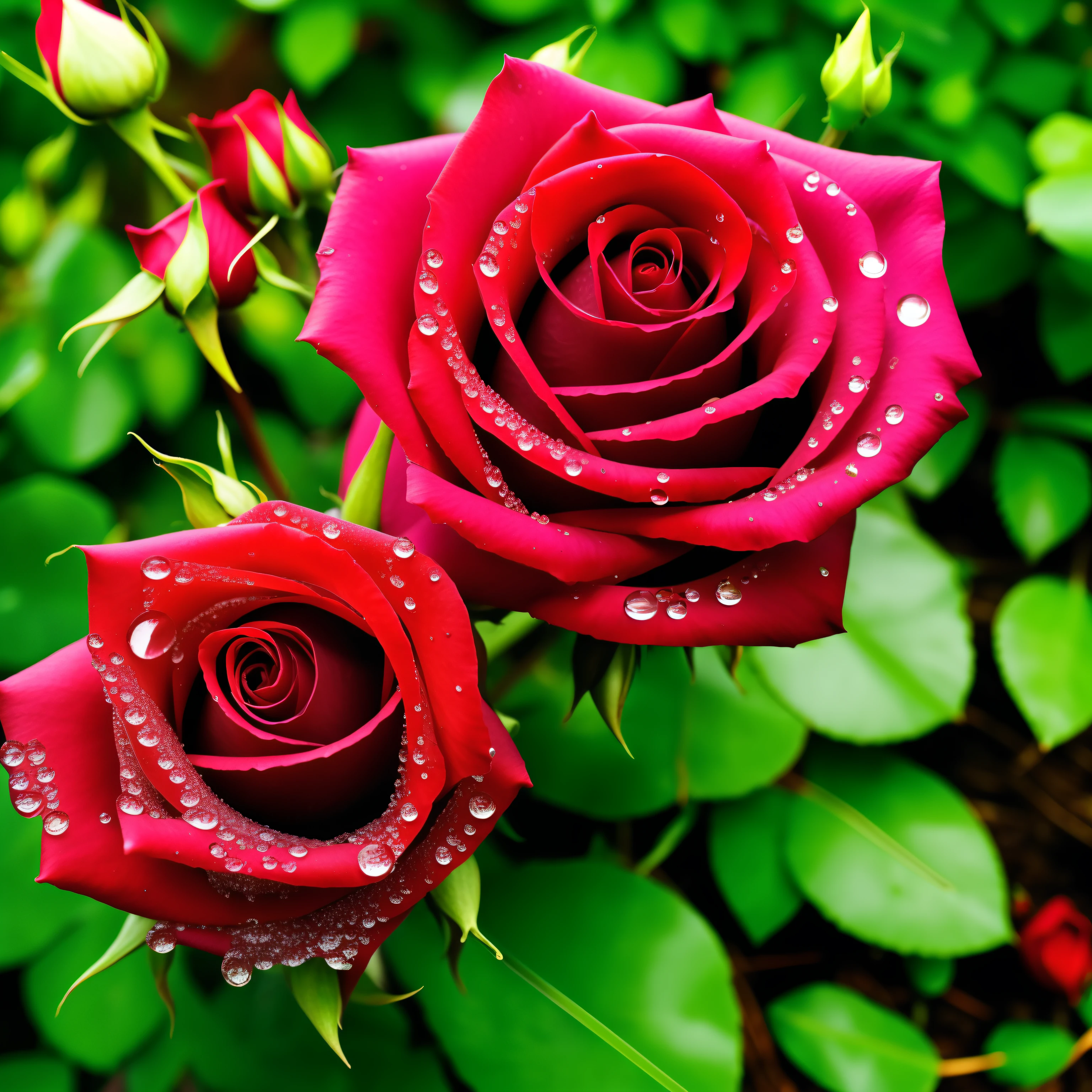 Beautiful full rose flower plant,dew drops on the leaves of plant and the grass below it, realistic ,ultra hd