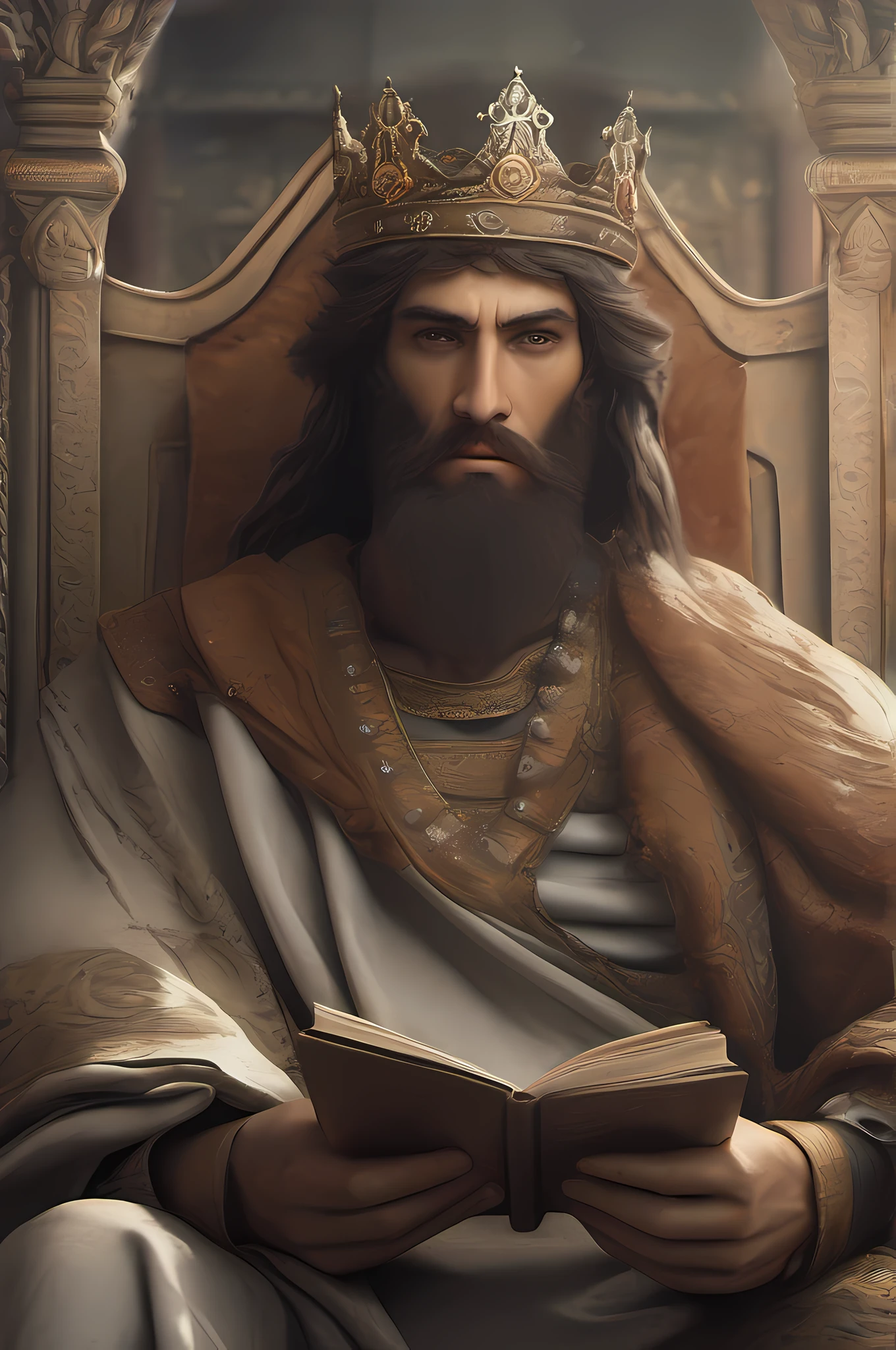 A portrait of Solomon the son of David, wearing a crown in his head, holding a scroll, bearded, wrinkled, weathered, with piercing eyes, detailed face, high details, photography, siting in his throne, natural light, Sony Alpha, 50mm, f/1.4