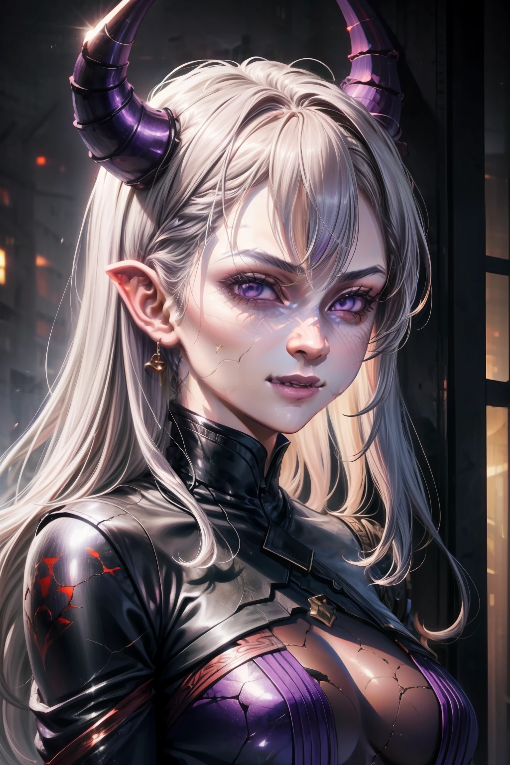 best quality, monster, 1boy, white hair, colored skin, detailed face, (purple glowing eyes, cracked skin:1.3)  masterpiece, best quality, ultra high res, beautiful, visually stunning, elegant, incredible details, award-winning art, 0n1, red skin, oni horns, oni, red oni, realistic (girl:1.4), orc, rogue thief girl, leather armor, smirk, (nose blush), beautiful detailed eyes, drawn by Greg Rutkowski, Yoji Shinkawa:0.6, green eyes, ginger hair,, RAW photo, (high detailed skin:1.2), 8k uhd, dslr, soft lighting, high quality, film grain, Fujifilm XT3