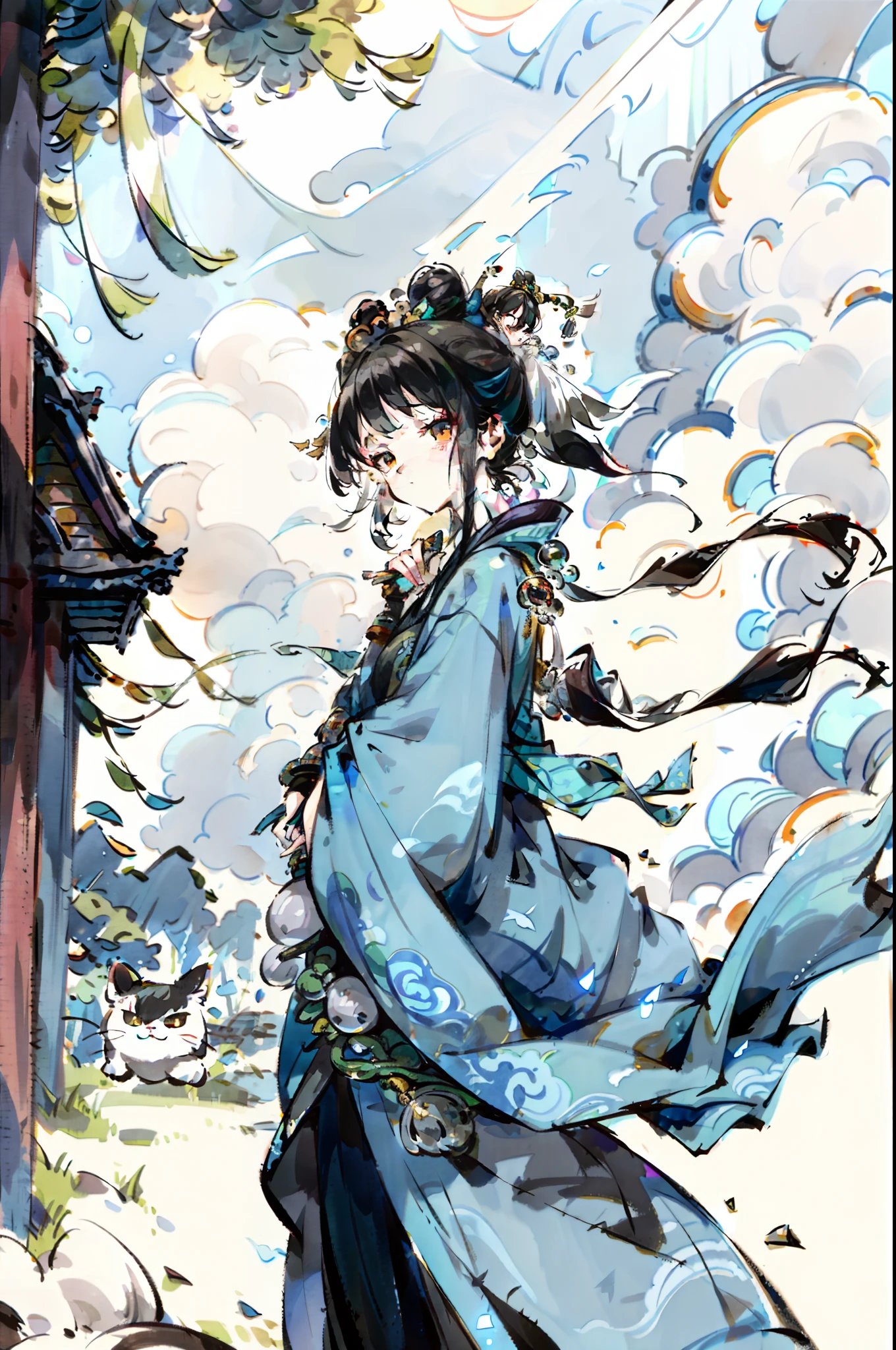 Under the blue sky and white clouds,The ancient street is lined with tea houses,pub,pawnshop,workshop,There are also many small stalls in the open spaces on both sides of the street,(Black-haired woman in a Taoist robe,There is a super delicate and delicate laughing girl,Fortune-telling flag in his right hand,The left hand wears a vine bracelet,Prayer beads,approximately 20 years old,4 K high-quality photos),((Gray black stripes,Tanuki cat)),4 K quality