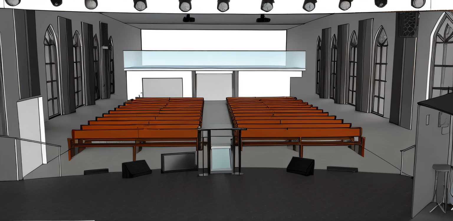 There is a drawing of a church with a stage and a podium, vista interior, 3 / 4 view, 3/4 view, vista de frente, pre-rendered, perspective view, vista frontal, 3d renderizado, 3 d renderizado, Processado, Completo - Ver, Bancos, wide high angle view, 3D rendering, 3D-rendering