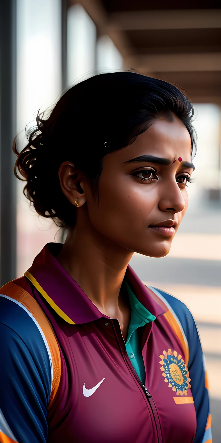 Beautiful mature Indian college student, wearing athletics suit, outside the track field, ((slim, petite)), photorealism, photorealism, masterpiece, realism, realism, photorealism, photorealistic digital art trends in Artstation 8k HD detailed realistic, detailed, skin texture, ultra-detailed, realistic skin texture, armature, best quality, super high resolution, (realism: 1.4),, high resolution, detailed, raw photo, sharp, by Lee Jeffries Nikon D850 Film Stock Photograph 4 Kodak Portra 400 Camera F1.6 Lens Rich colors Ultra-realistic realistic textures Dramatic lighting UnrealEngine ArtStation CineStill 800 trend,