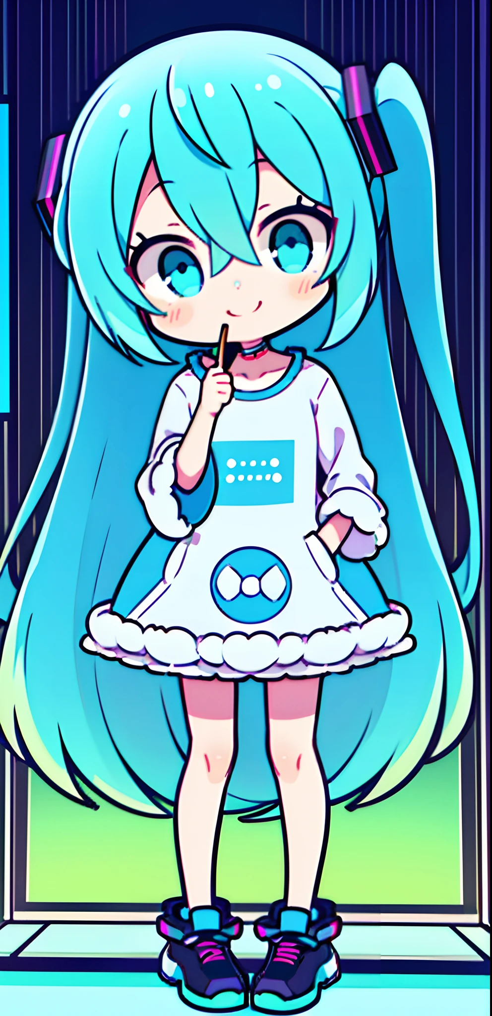 hatsune miku, standing cyan hair, futuristic, colourful lighting, casual outfit, multicoloured lights, energetic, open mouthed smile, pocky snacks in one hand, pocky snack in mouth, dynamic angle, dynamic pose, looking at viewer, streetwear, comfy clothing, futurstic city, cyberpunk, top half only shot
