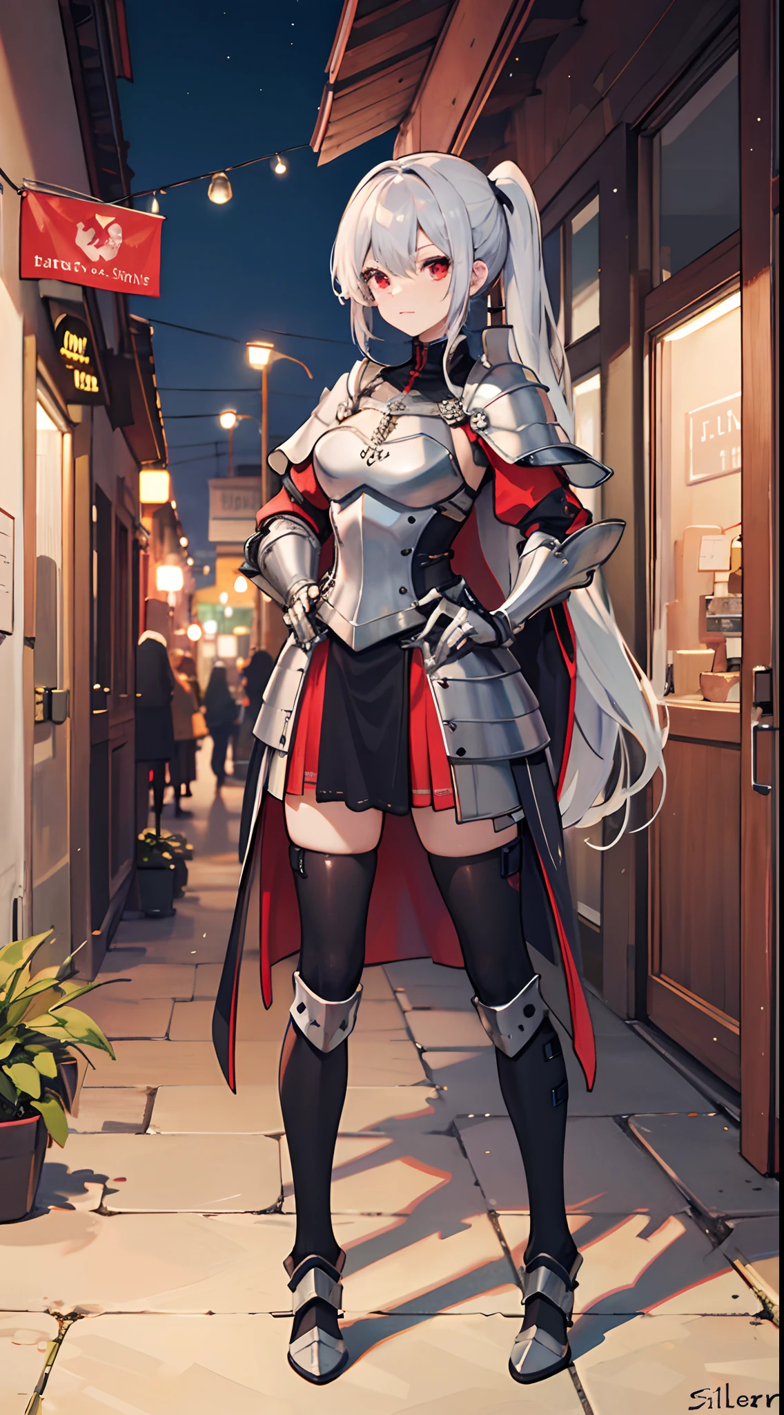 Masterpiece, Best quality, 1girll, Red eyes, Silver hair, Medieval city, view the viewer,Silver armor, silber hair,pony tails,Full body photo