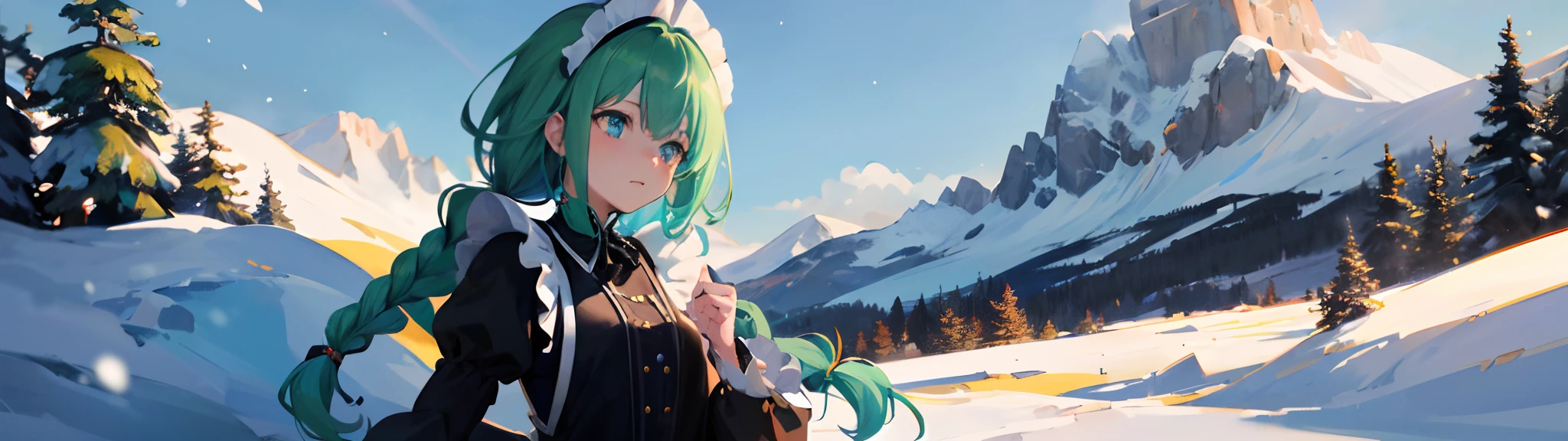 Make it an anime，（nmasterpiece，top Quority，top-quality，offcial art，Beauty and aesthetics：1.2），ighly detailed，best detailed，（Snowy mountains in the background：1.5）,(one girls），Has a small，（Green hair，only thick braids,,,:1.7），（Shining eyes），(Enchanted)，（Black Maid Outfit）,lighting on the face,A look of surprise