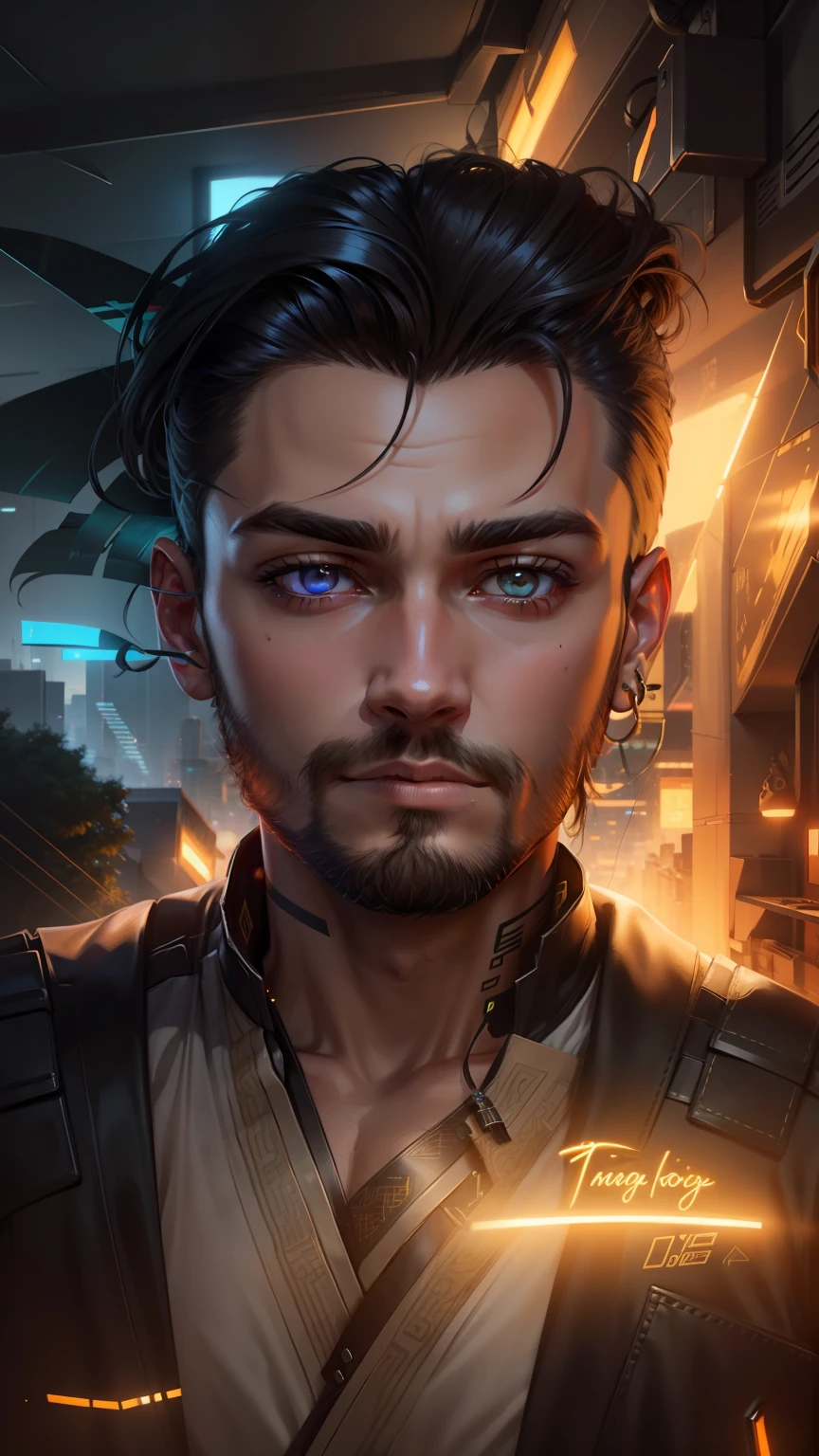 Change background cyberpunk handsome boy with little beard glowing eyes realistic face golden ora 4k