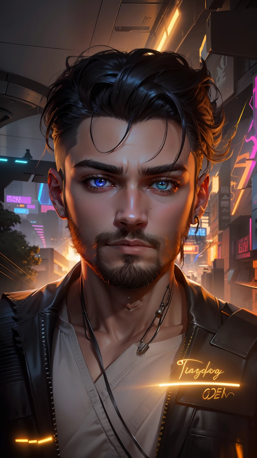 Change background cyberpunk handsome boy with little beard glowing eyes realistic face golden ora 4k