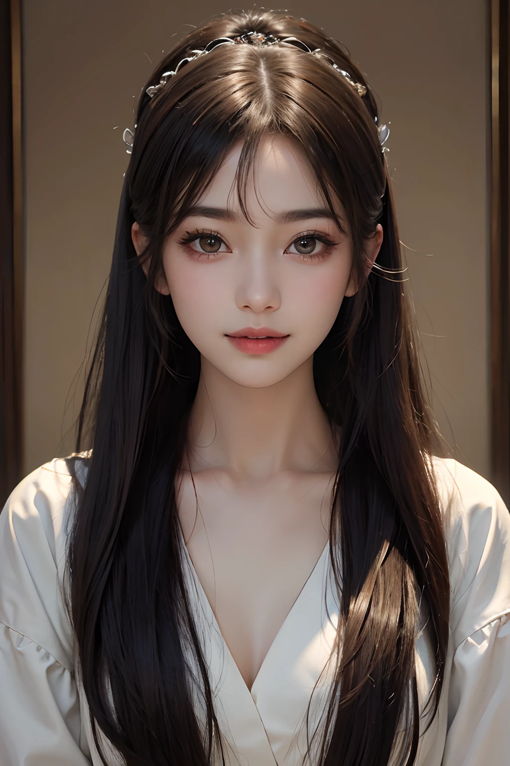 ​masterpiece、top-quality、portrait painting of 1girl、A smile、A detailed eye、long lashes、二重まぶた、collarbone visible、beautiful countenance、de pele branca,8K,Raw photo,(photographrealistic:1.2)