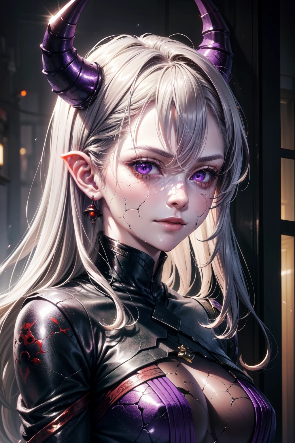 best quality, monster, 1boy, white hair, colored skin, detailed face, (purple glowing eyes, cracked skin:1.3)  masterpiece, best quality, ultra high res, beautiful, visually stunning, elegant, incredible details, award-winning art, 0n1, red skin, oni horns, oni, red oni, realistic (girl:1.4), orc, rogue thief girl, leather armor, smirk, (nose blush), beautiful detailed eyes, drawn by Greg Rutkowski, Yoji Shinkawa:0.6, green eyes, ginger hair,, RAW photo, (high detailed skin:1.2), 8k uhd, dslr, soft lighting, high quality, film grain, Fujifilm XT3