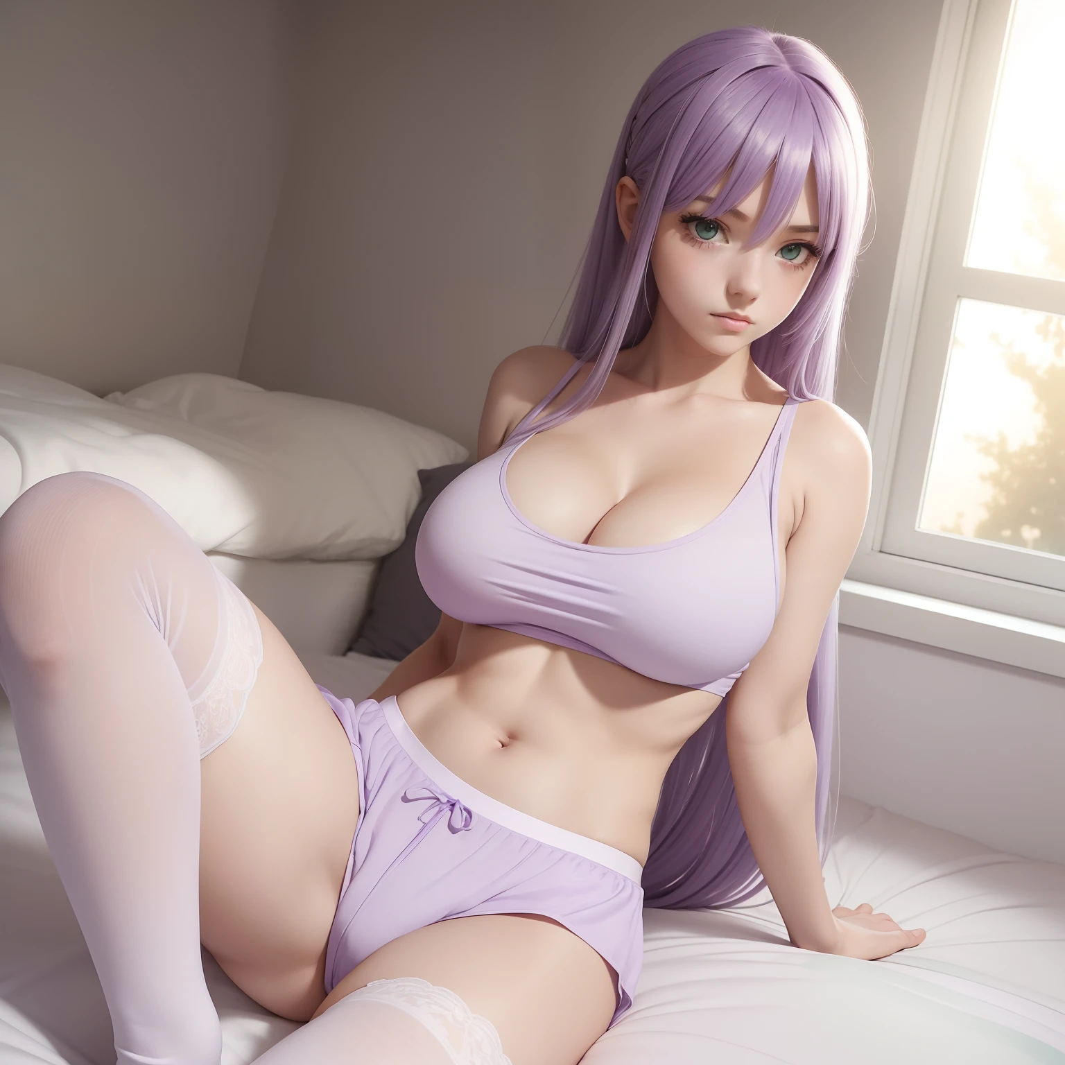 1girl, long light purple hair, sunrise, morning light, green eyes, sitting on clean white bedding, wearing sheer thigh high socks, matching gray tank top and pajama shorts, cleavage, big boobs, no bra, legs spread, soft abs