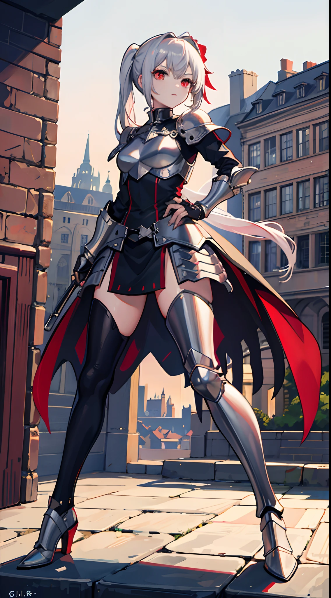 Masterpiece, Best quality, 1girll, Red eyes, Silver hair, Medieval city, view the viewer,Silver armor, silber hair,pony tails,Full body photo,Fighting posture
