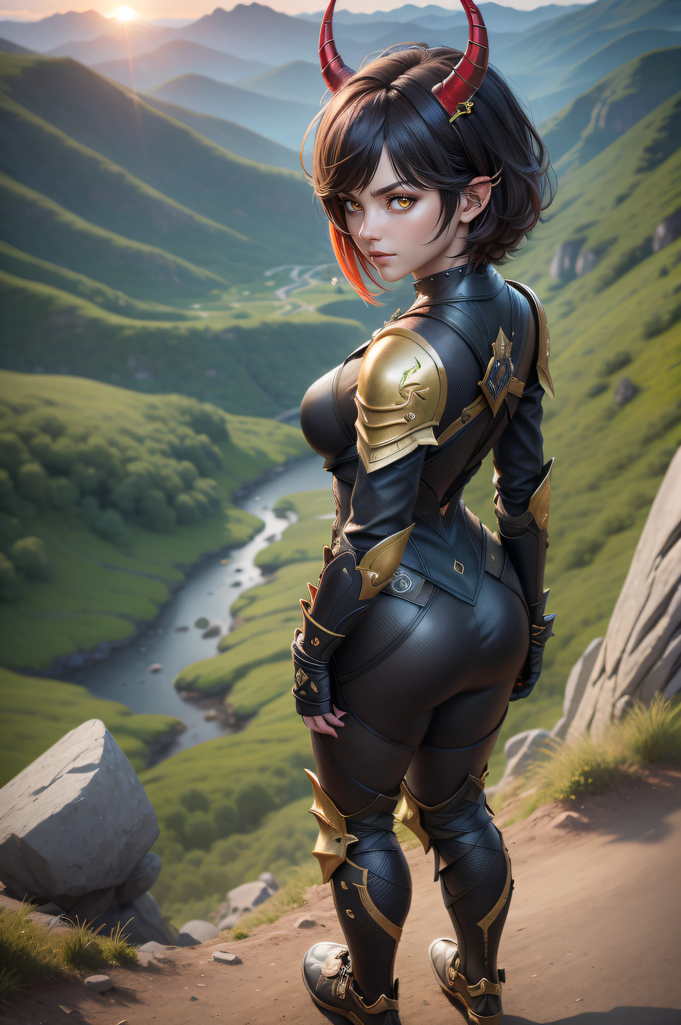 Only [1 woman], wearing armor, black with gold parts, (((red air))), very short hair, very messy hair, hair with bangs in front of eyes, yellow eyes, horns on head, looking at the spectator, (((pose interacting and leaning on something))), on top of from a mountain, stones, arms at sides, (((from behind))) background showing a view of the forest with the sunset, ((full body):1.5). 16k, UHD, best possible quality, ((best possible detail):1), best possible resolution, Unreal Engine 5, professional photography,