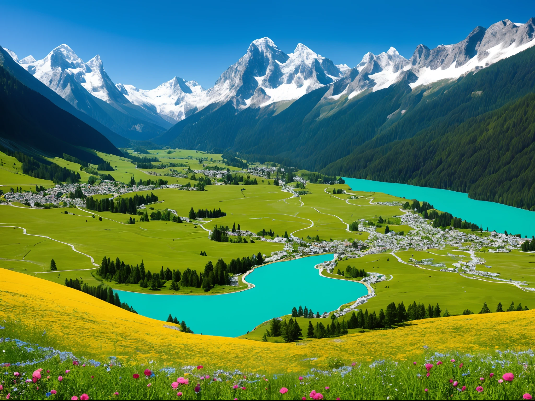 It details an alpine valley surrounded by snow-capped peaks, where a river of turquoise water meanders through green meadows dotted with alpine flowers.