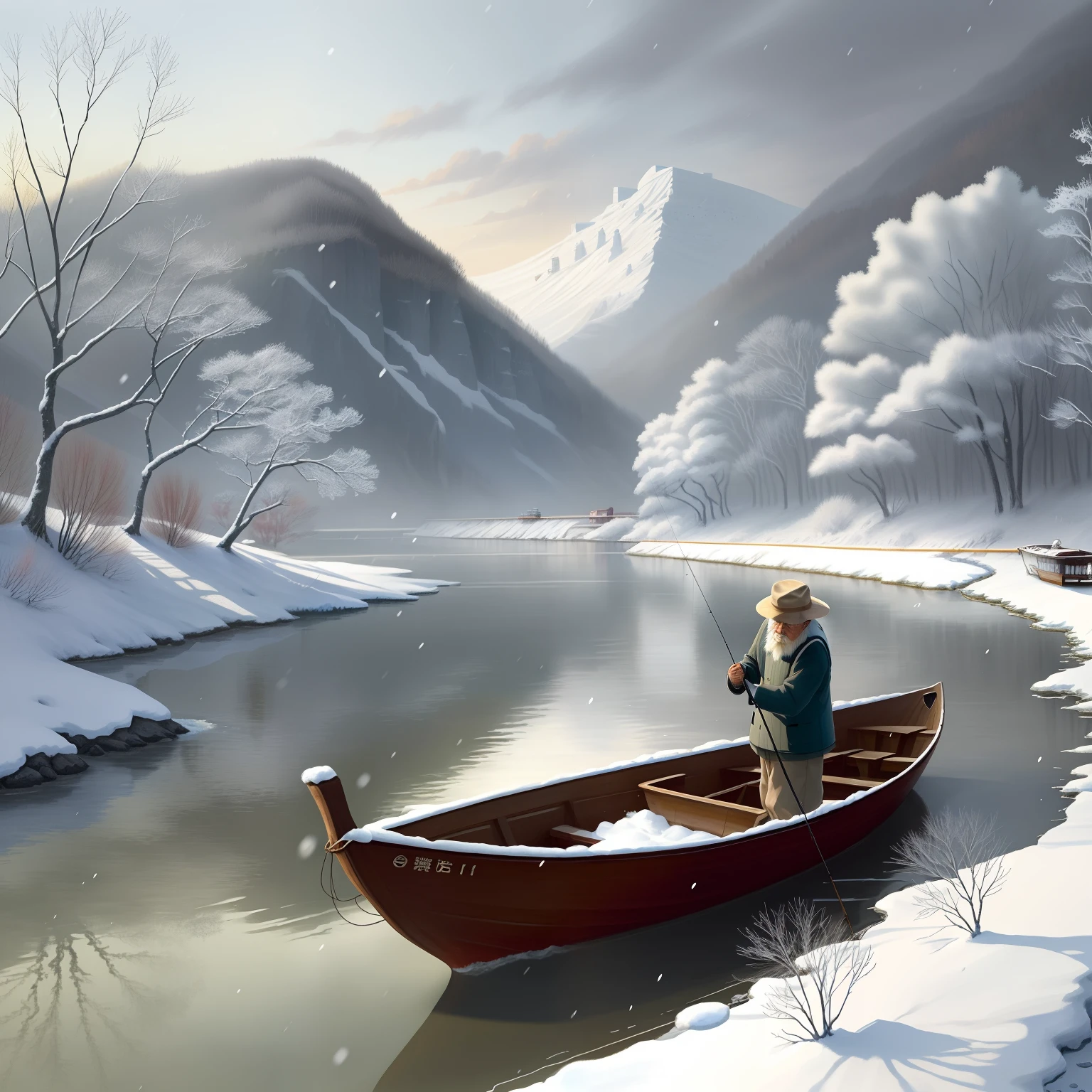 Picture depiction
"Between snowflakes falling，Lonely boats scattered in the river，An old man in a hat，Handling a fishing rod alone，Quietly fishing on the cold river。"