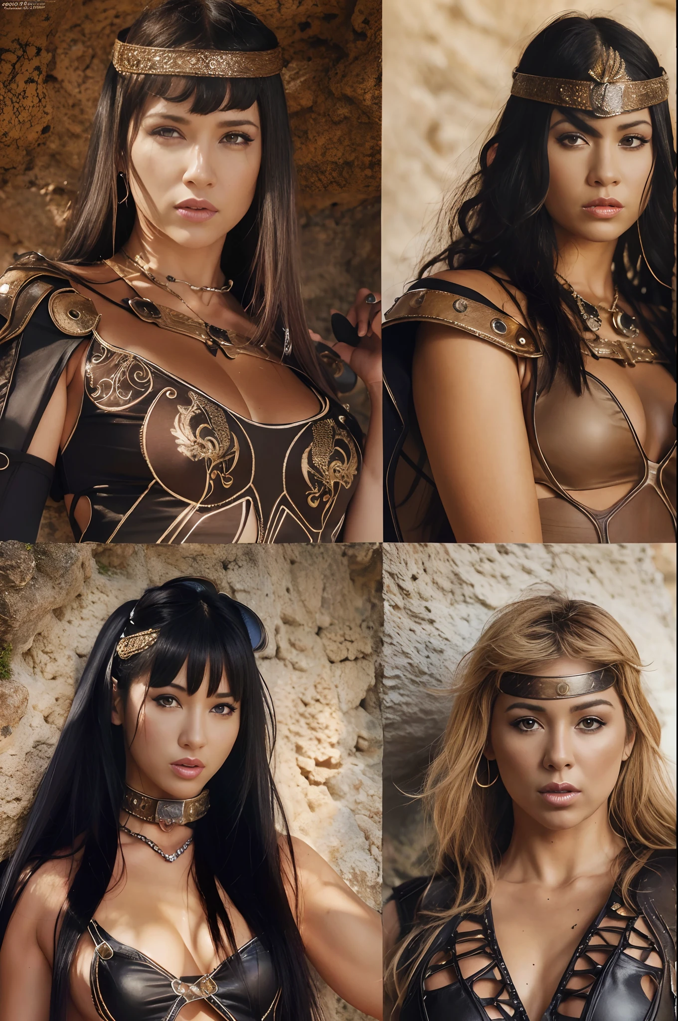 Una mujer vestida como Xena, The warrior princess and with a strange style of hair and makeup, Pose for the cover of a rock metal album. (La mejor calidad) obra maestra (pechos grandes) ((cabello rubio)) (cuerpo delgado)